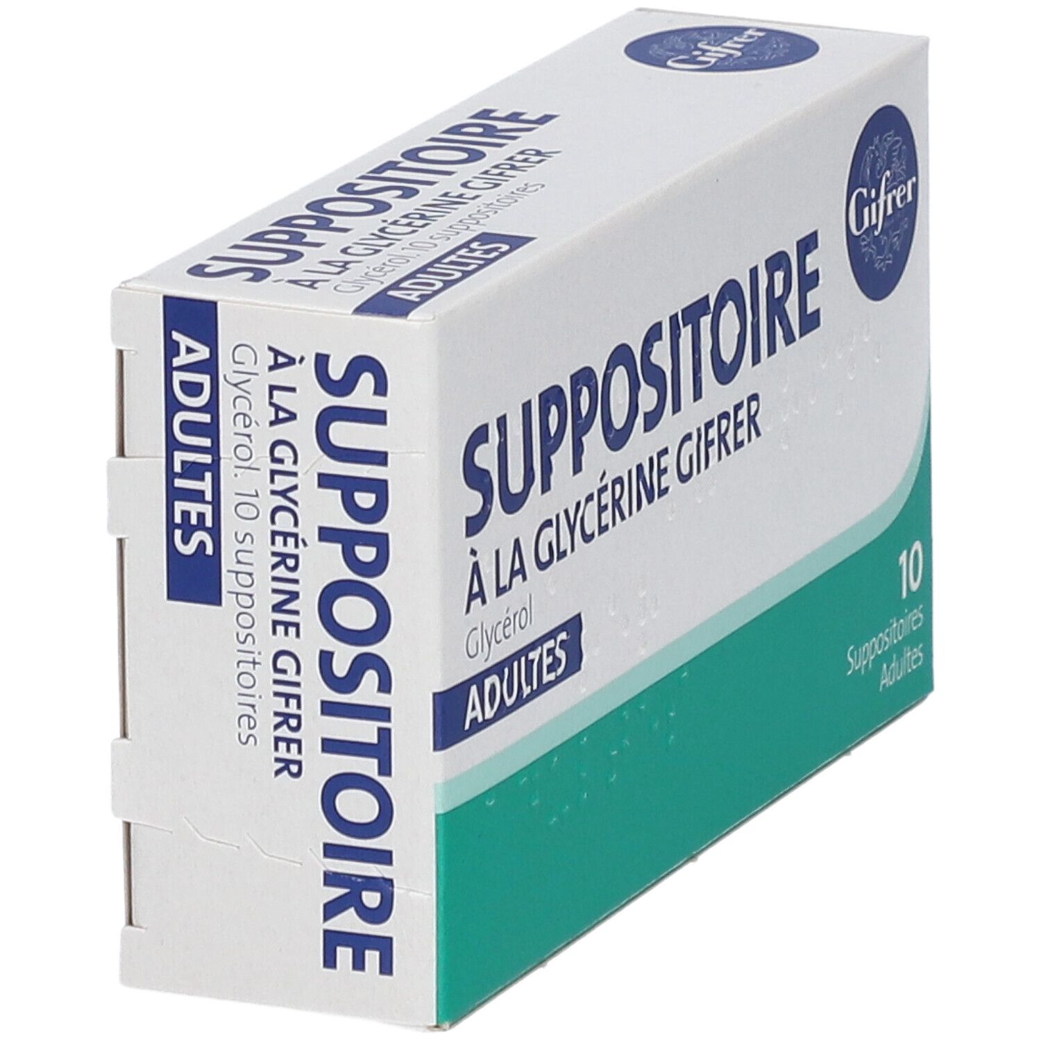 Doosje met zetpillen. Opschrift: Suppositoire à la Glycérine Gifrer, Adultes. Bevat 10 stuks.