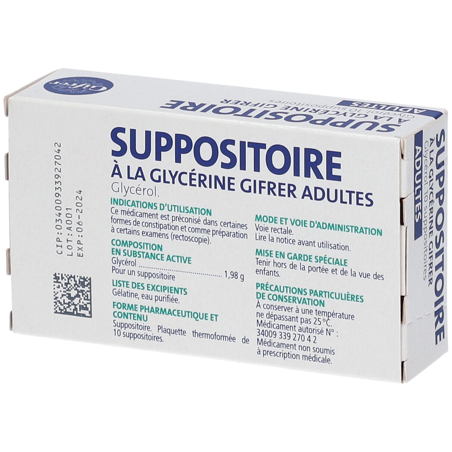 Doosje met zetpillen. Opschrift: Suppositoire à la Glycérine Gifrer, Adultes. Bevat 10 stuks.