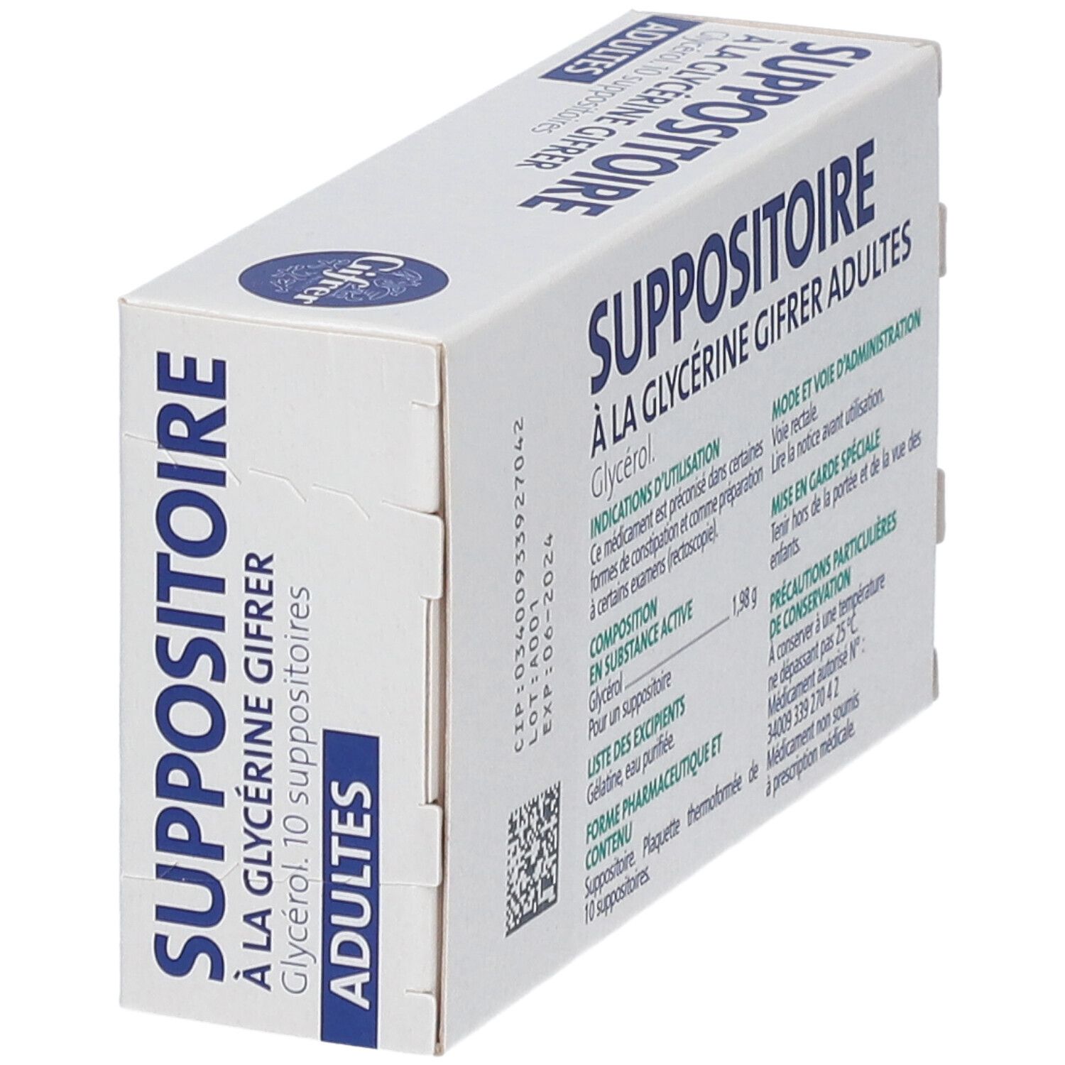Doosje met zetpillen. Opschrift: Suppositoire à la Glycérine Gifrer, Adultes. Bevat 10 stuks.