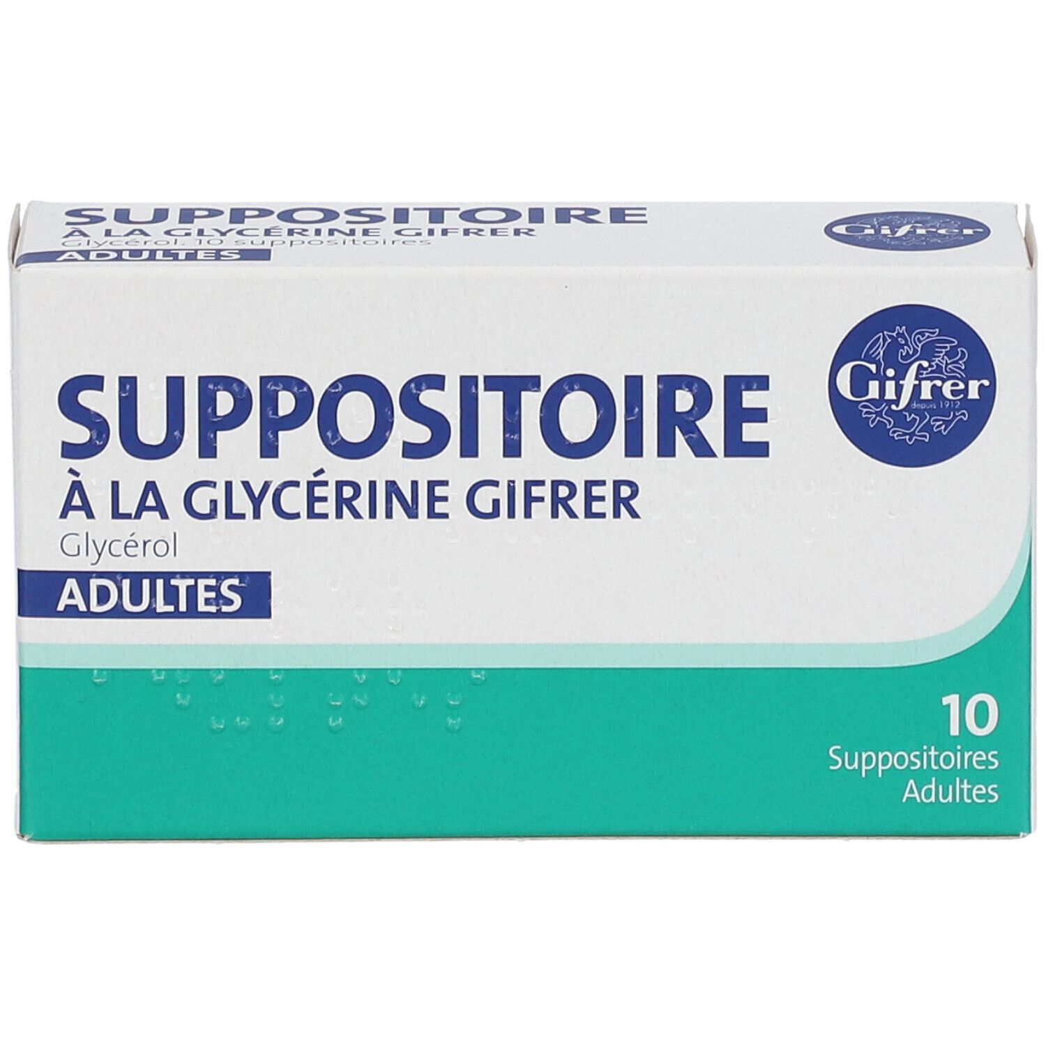 Doosje met zetpillen. Opschrift: Suppositoire à la Glycérine Gifrer, Adultes. Bevat 10 stuks.