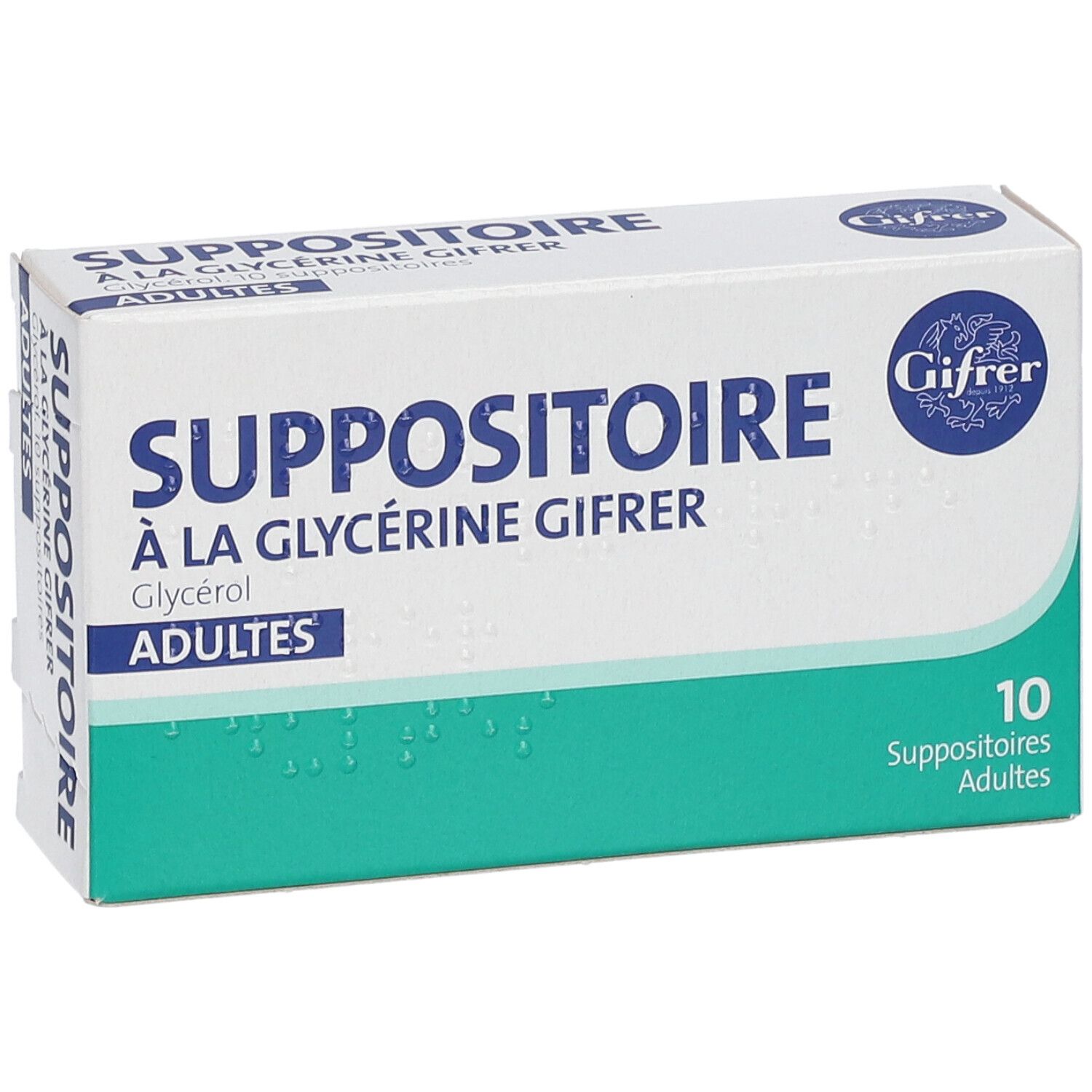 Doosje met zetpillen. Opschrift: Suppositoire à la Glycérine Gifrer, Adultes. Bevat 10 stuks.
