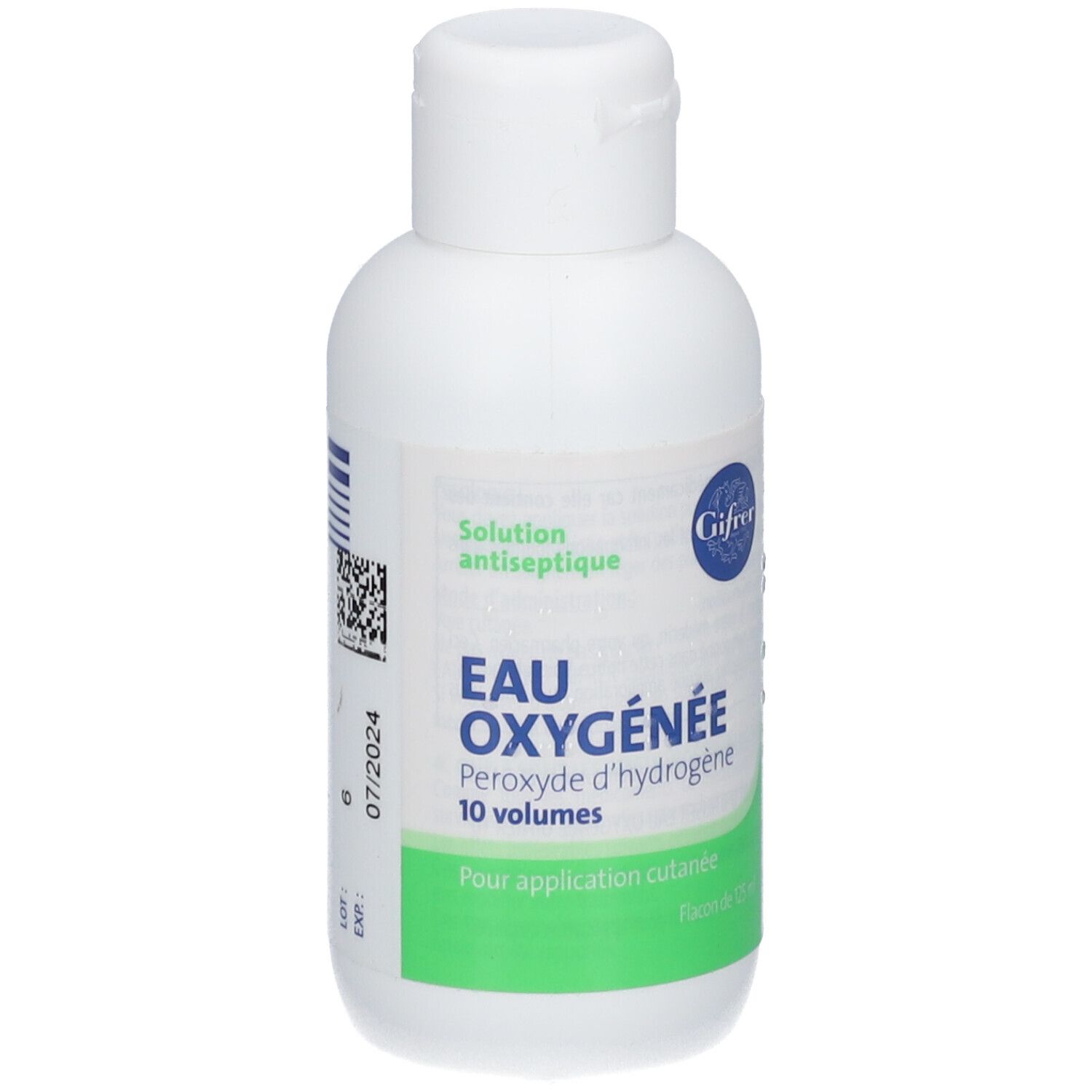 Flacon blanc avec bouchon blanc. Inscription: Eau Oxygénée, Gifrer. Étiquettes vertes. Solution antiseptique.