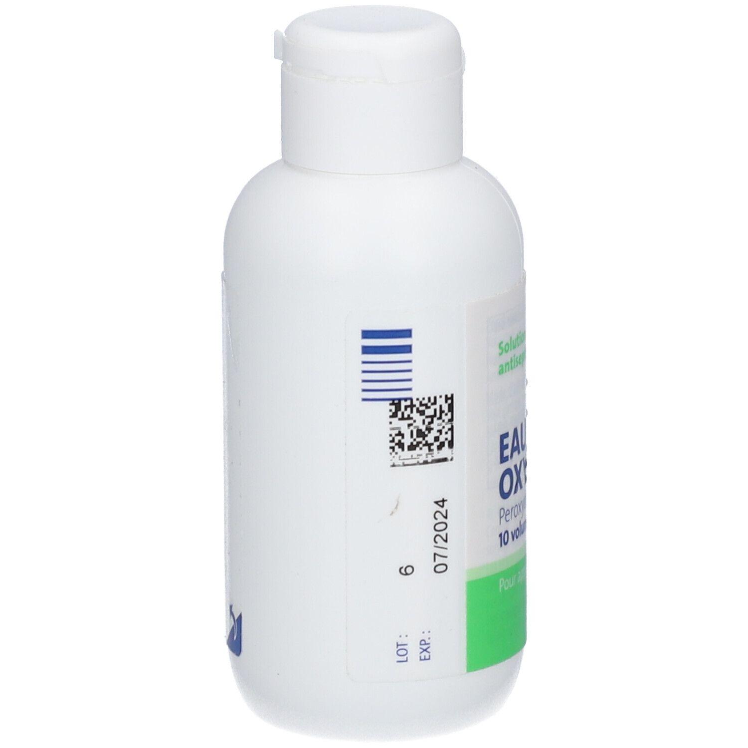 Flacon blanc avec bouchon blanc. Code-barres et date d'expiration 07/2024. Étiquettes bleues et vertes.