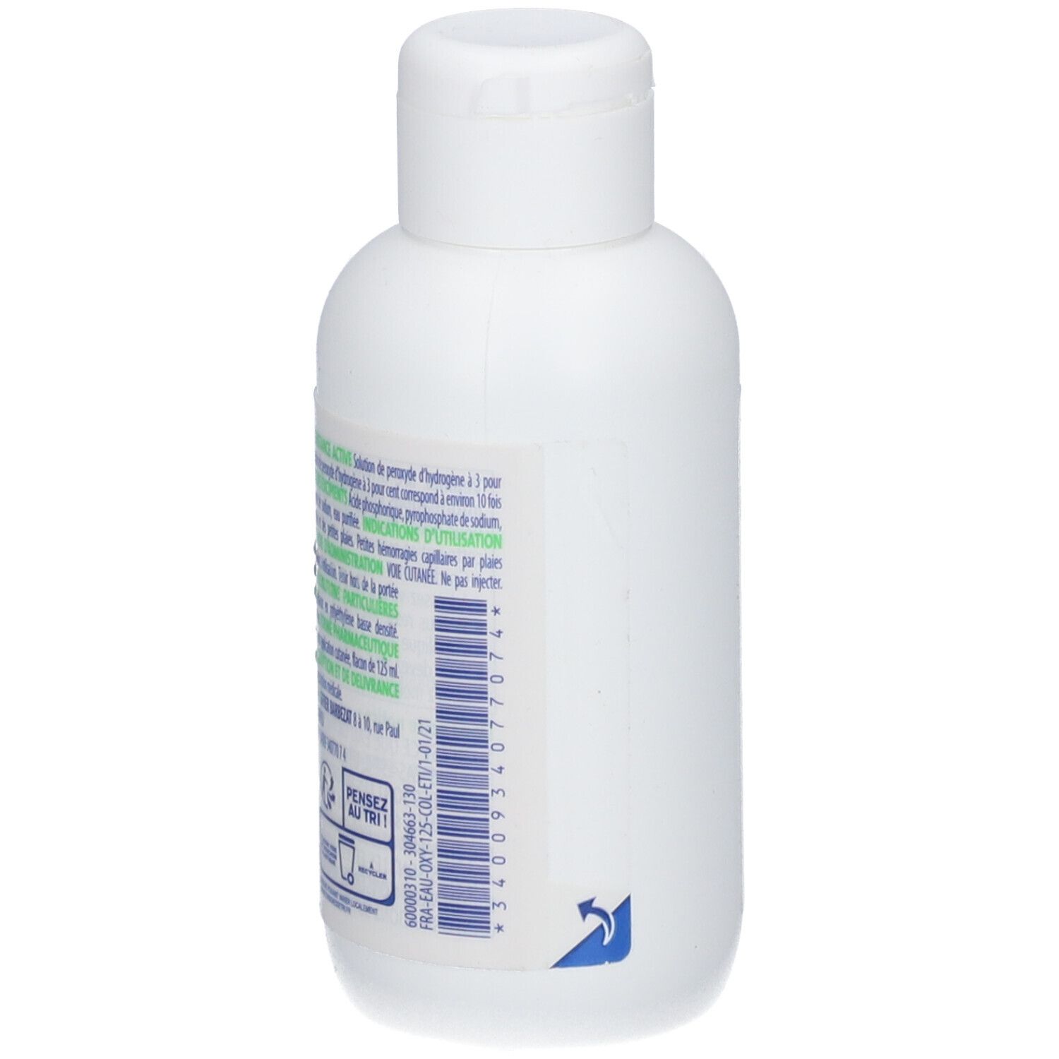 Flacon blanc avec bouchon blanc. Dos avec texte. Étiquettes bleues et vertes. Informations sur le produit.