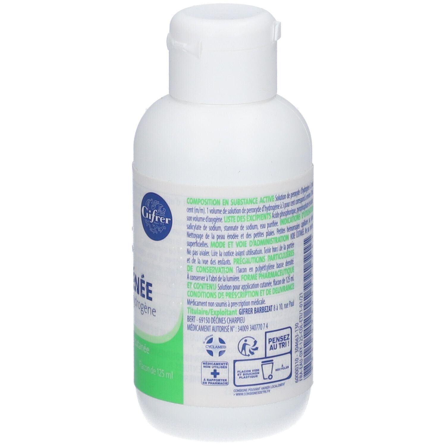 Flacon blanc avec bouchon blanc. Dos avec texte. Étiquettes vertes. Informations produit. Logo Gifrer.