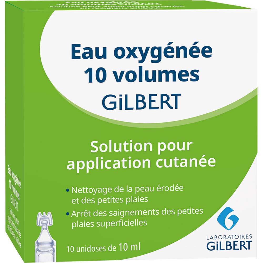 Boîte verte avec texte blanc. Inscription: Eau oxygénée 10 volumes GILBERT. Solution pour application cutanée. 10 unidoses.