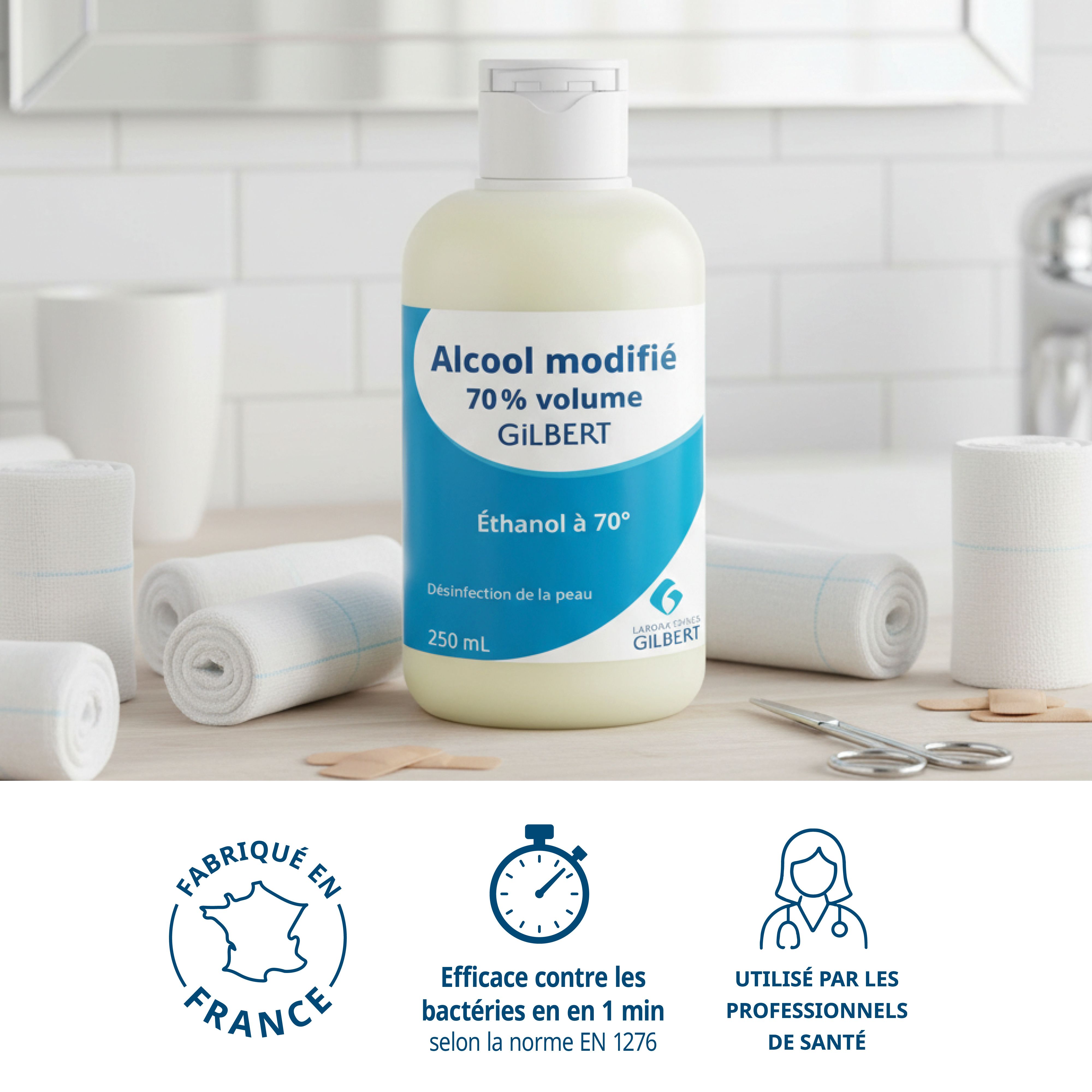 Medische alcohol Gilbert. Fles, verband, schaar. Gemaakt in Frankrijk. Certificeringen.