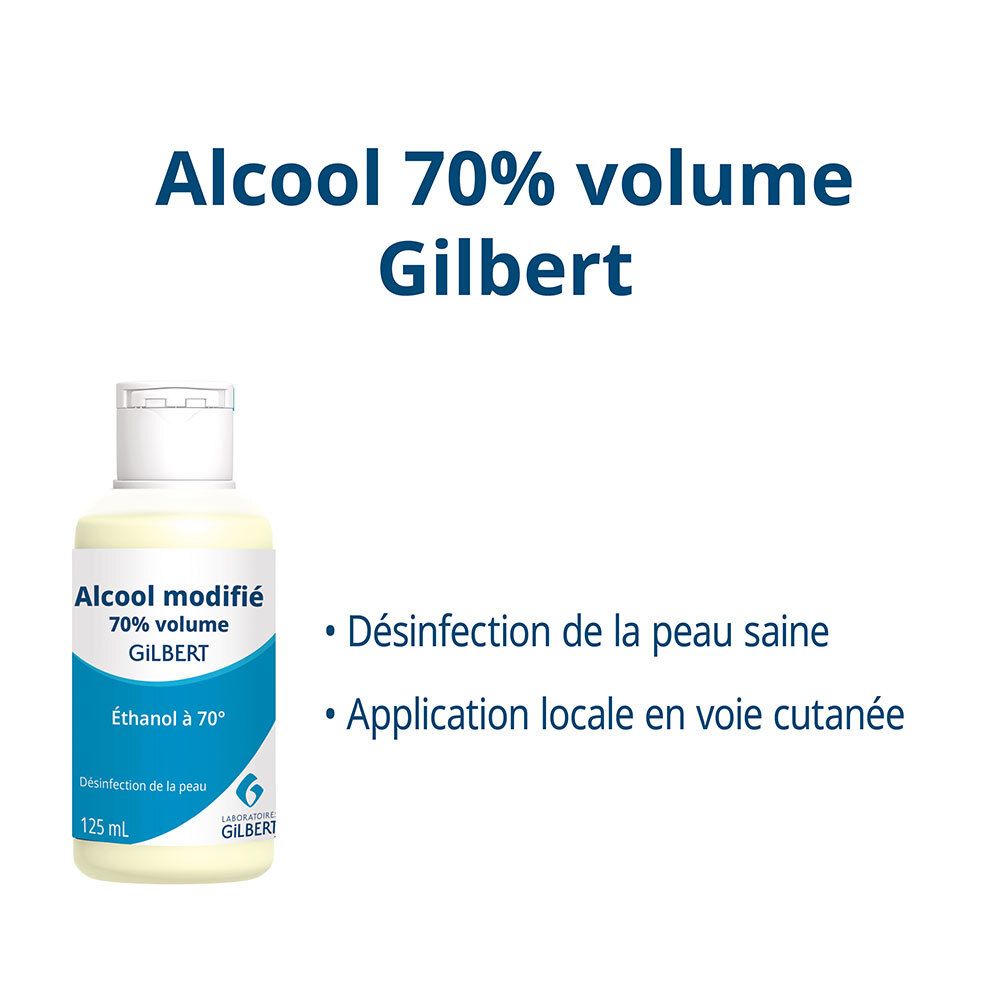 Flacon avec étiquette bleue: Alcool 70% volume Gilbert. Texte: Désinfection de la peau, application locale.
