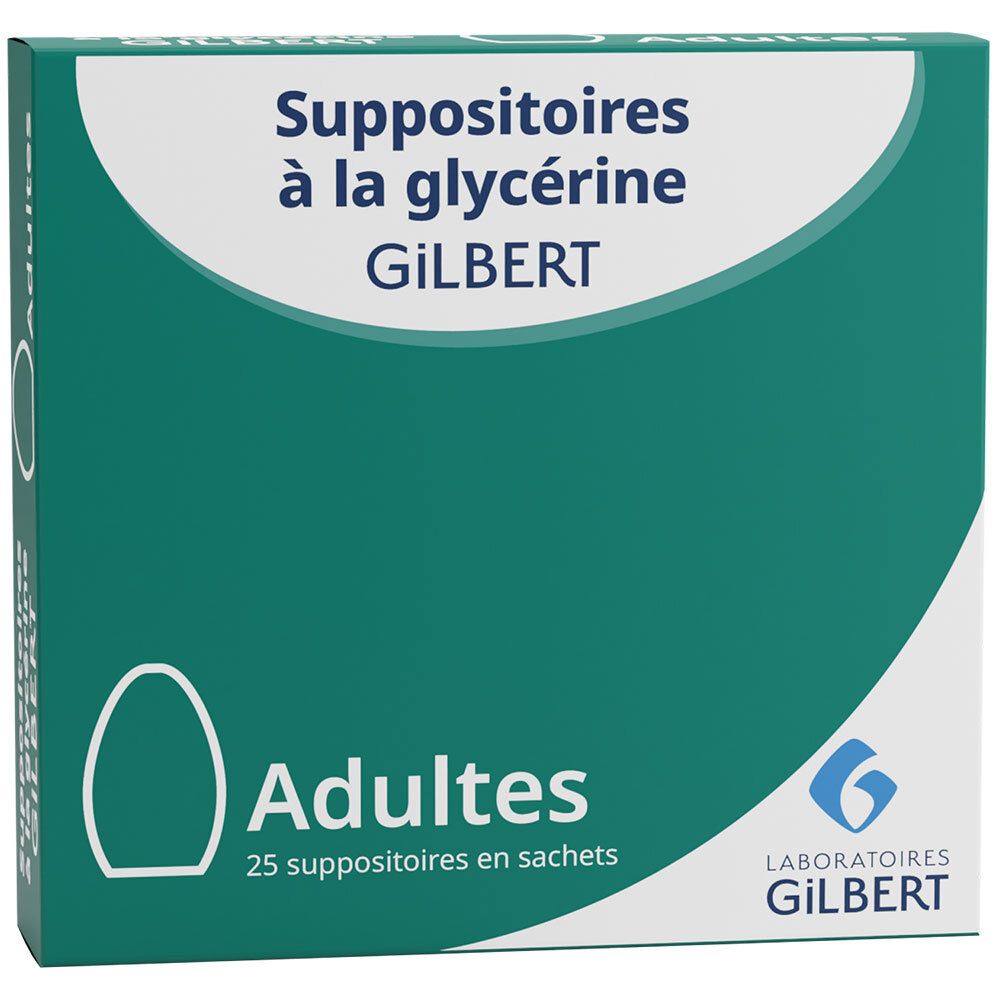 Doosje Suppositoires à la glycérine GILBERT. Opschrift: Adultes, 25 suppositoires en sachets. Groen-witte verpakking.