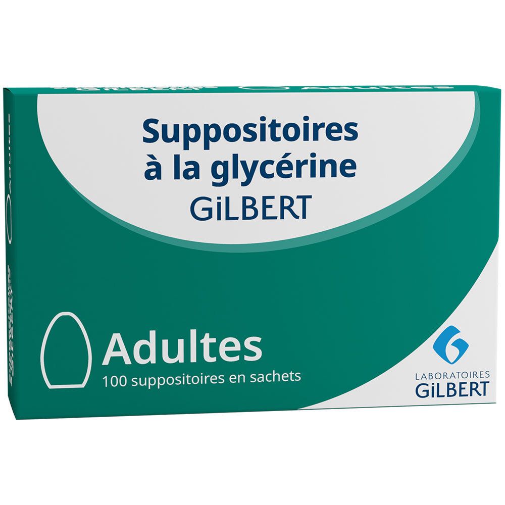 Doosje met zetpillen. Opschrift: Suppositoires à la glycérine Gilbert, Adultes. 100 zetpillen in zakjes.