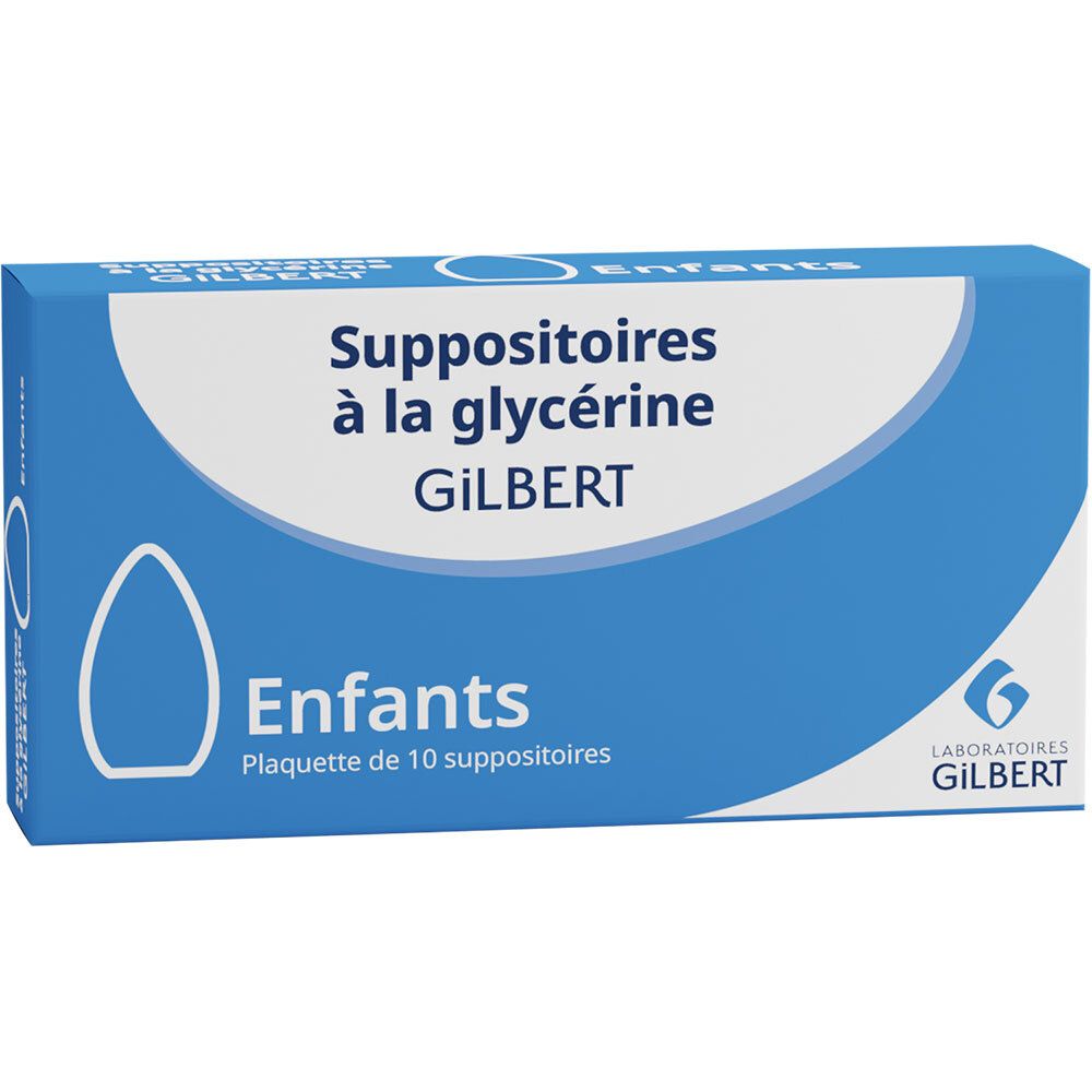 Blauw-witte doos met productnaam en logo. Bevat 10 zetpillen voor kinderen. Merk GILBERT.