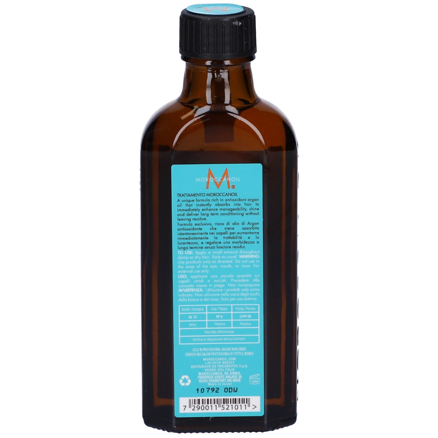 Moroccanoil Treatment flesje, bruin glas, met etiket en zwarte dop.