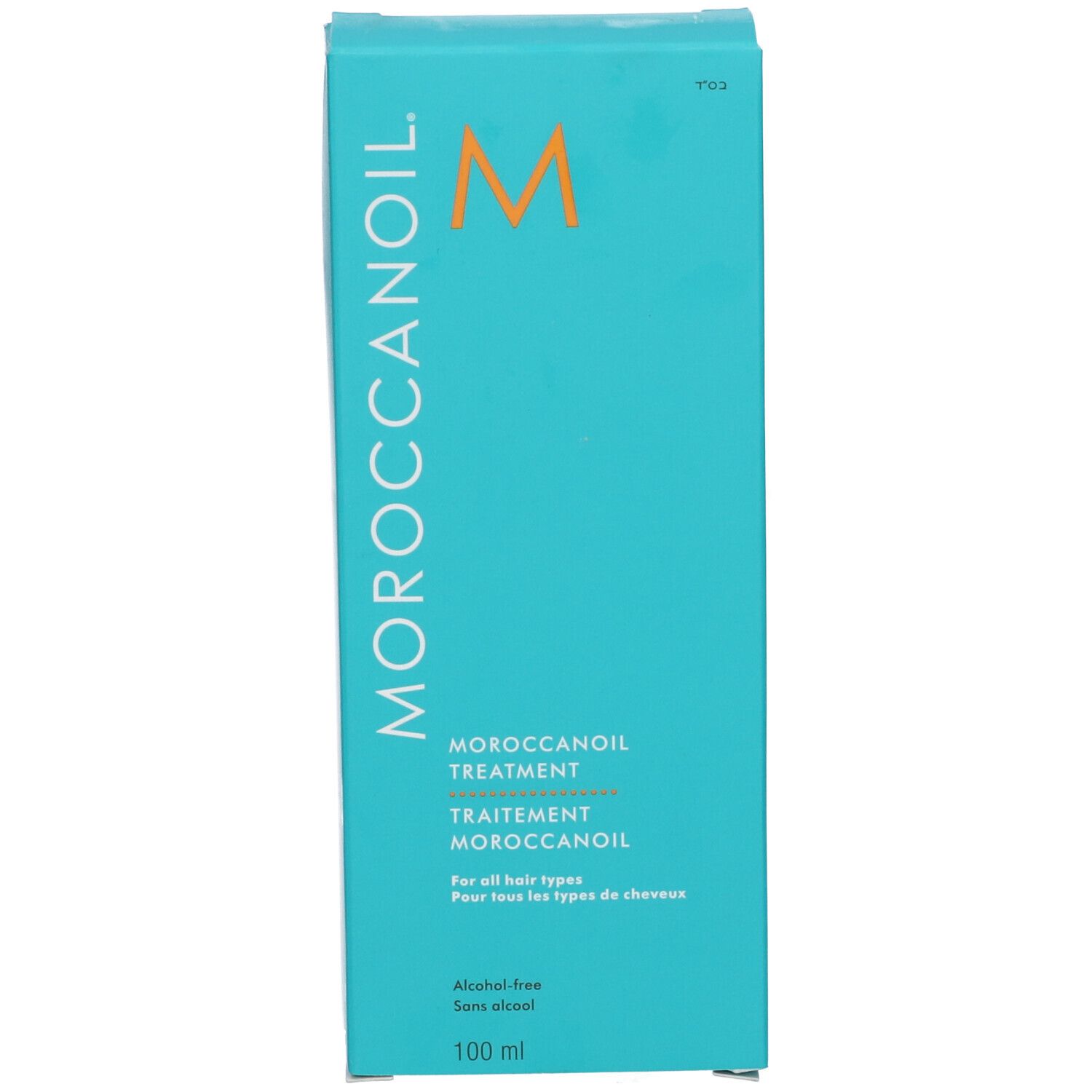 Moroccanoil Treatment verpakking, turquoise, voorkant met logo en tekst.