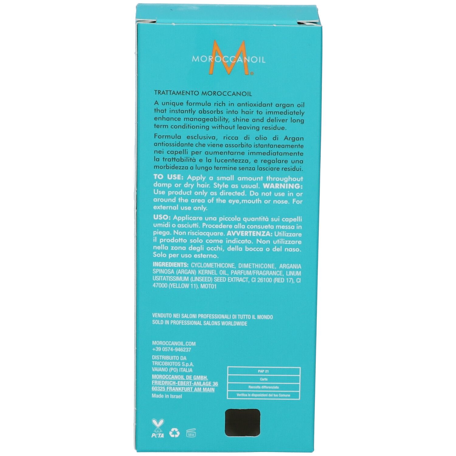 Achterkant van de Moroccanoil Treatment verpakking met gedetailleerde productinformatie.