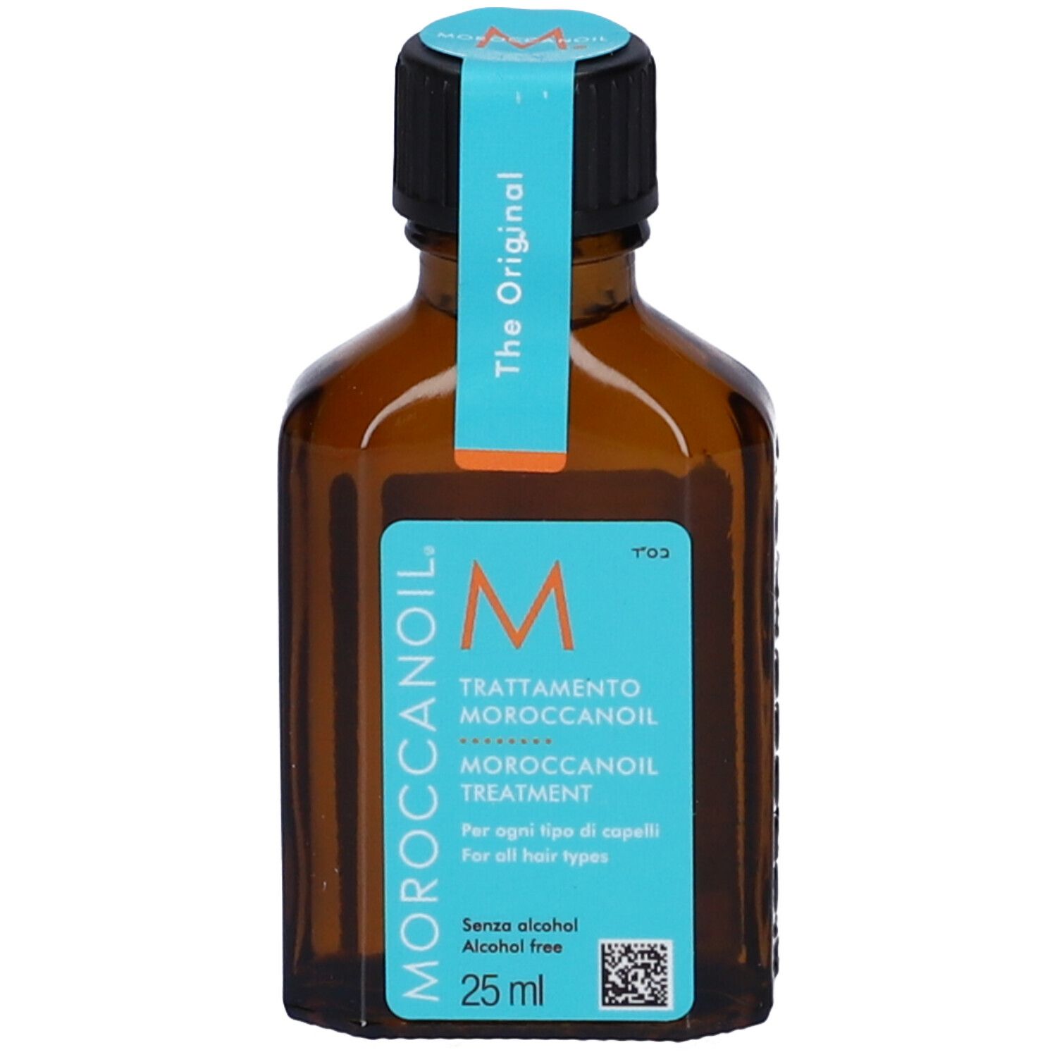 Boîte turquoise Moroccanoil Treatment, 25 ml, sans alcool.