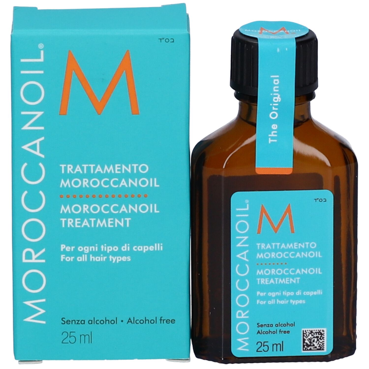 Bouteille et boîte Moroccanoil Treatment, 25 ml, sans alcool.