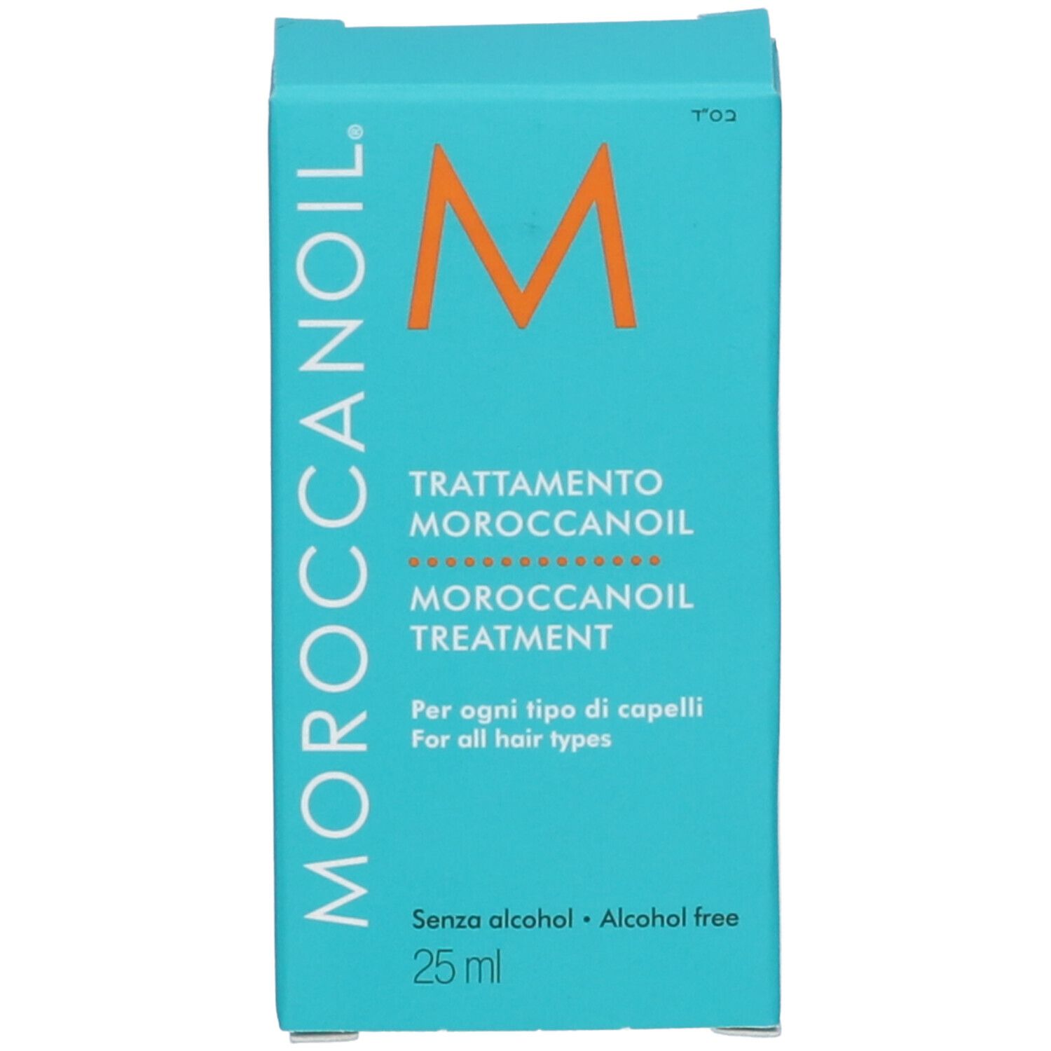 Boîte bleu sarcelle avec logo "MOROCCANOIL" et inscription "MOROCCANOIL TREATMENT". Contient 25 ml.