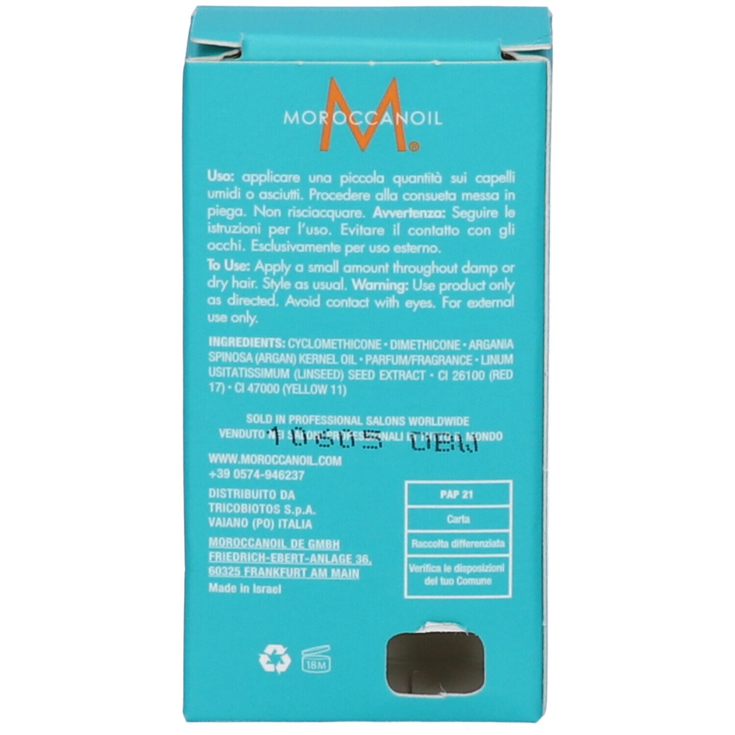 Emballage Moroccanoil avec instructions d'utilisation et ingrédients.