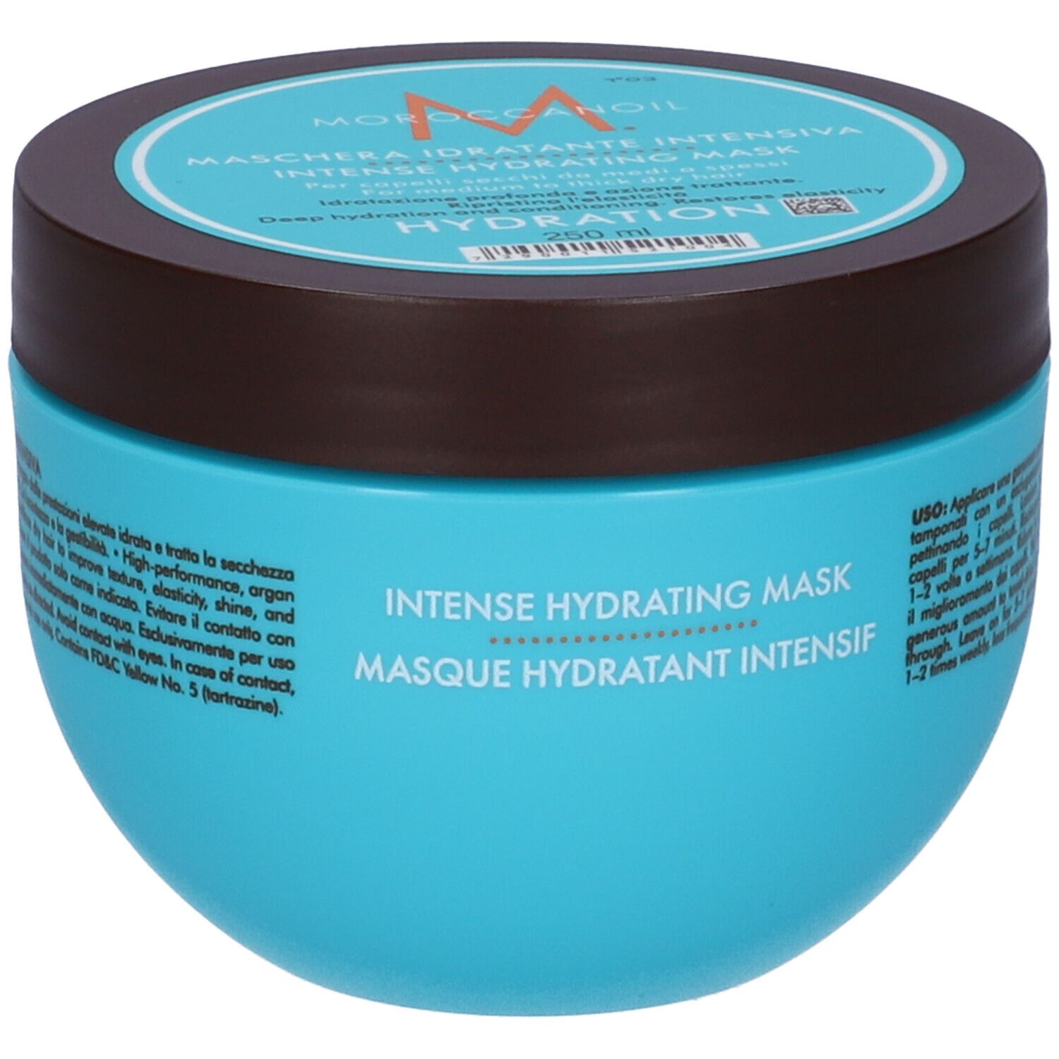 Pot turquoise et couvercle marron. Inscription : Moroccanoil, Maschera Idratante Intensiva, Intense Hydrating Mask.