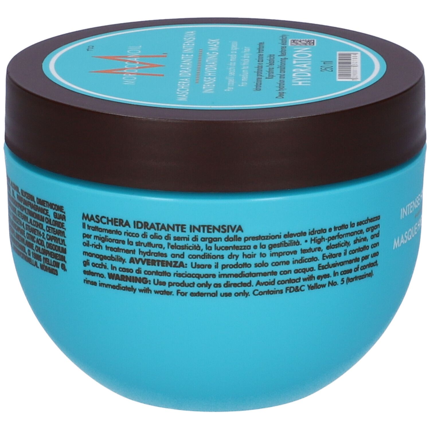 Dos du pot turquoise. Texte en italien. Contient des informations sur le produit et des avertissements.