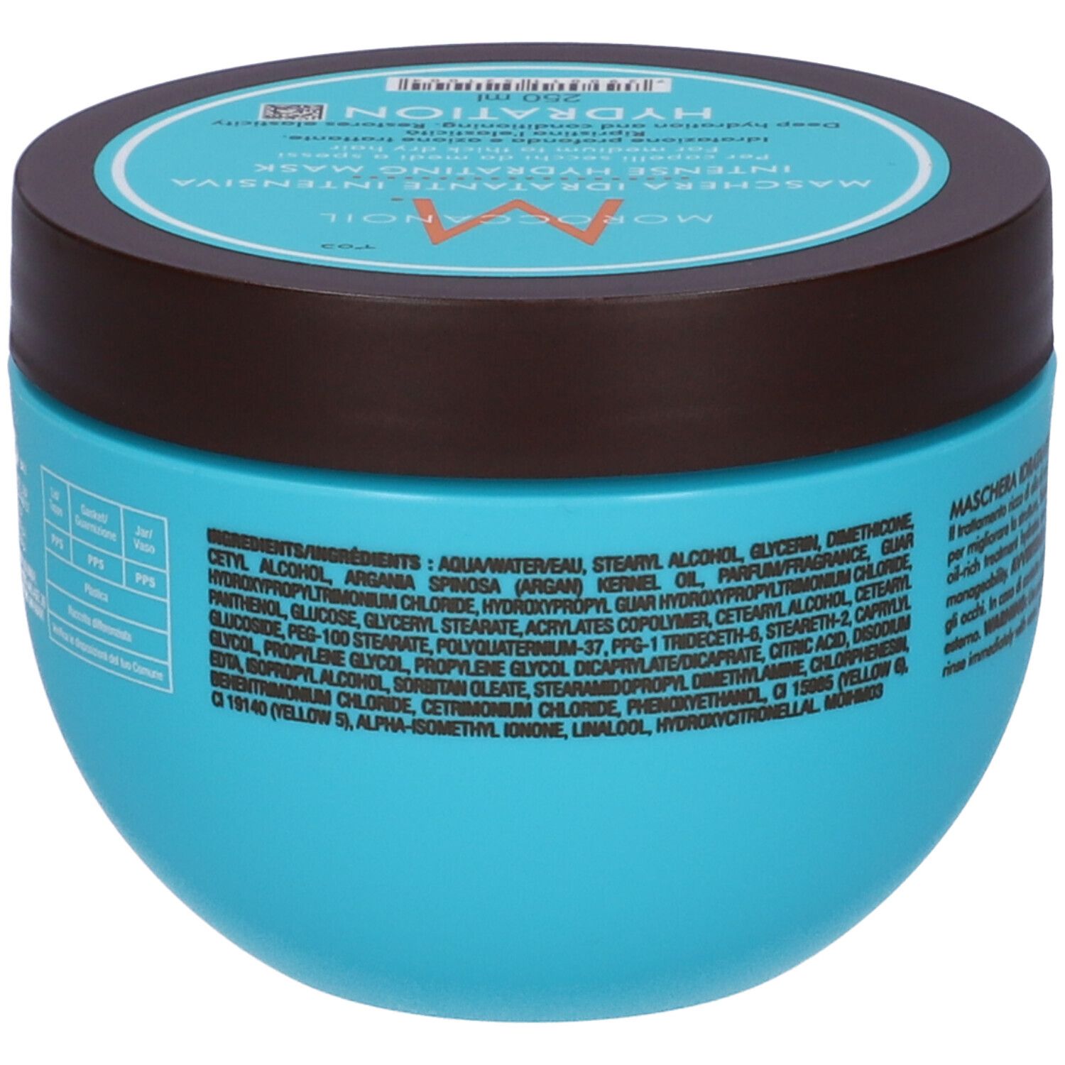 Dos du pot turquoise. Liste des ingrédients en italien.