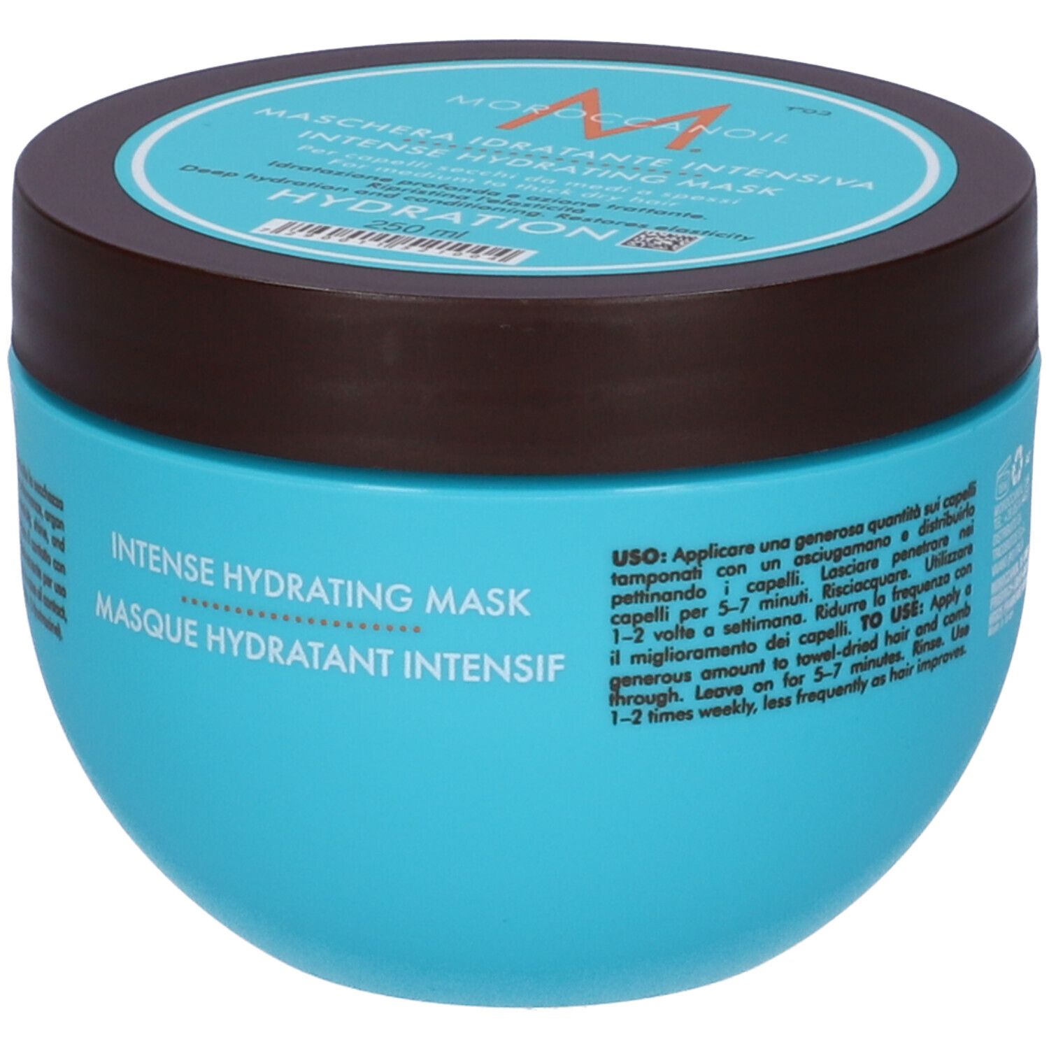 Pot turquoise et couvercle marron. Inscription : Moroccanoil, Maschera Idratante Intensiva, Intense Hydrating Mask.