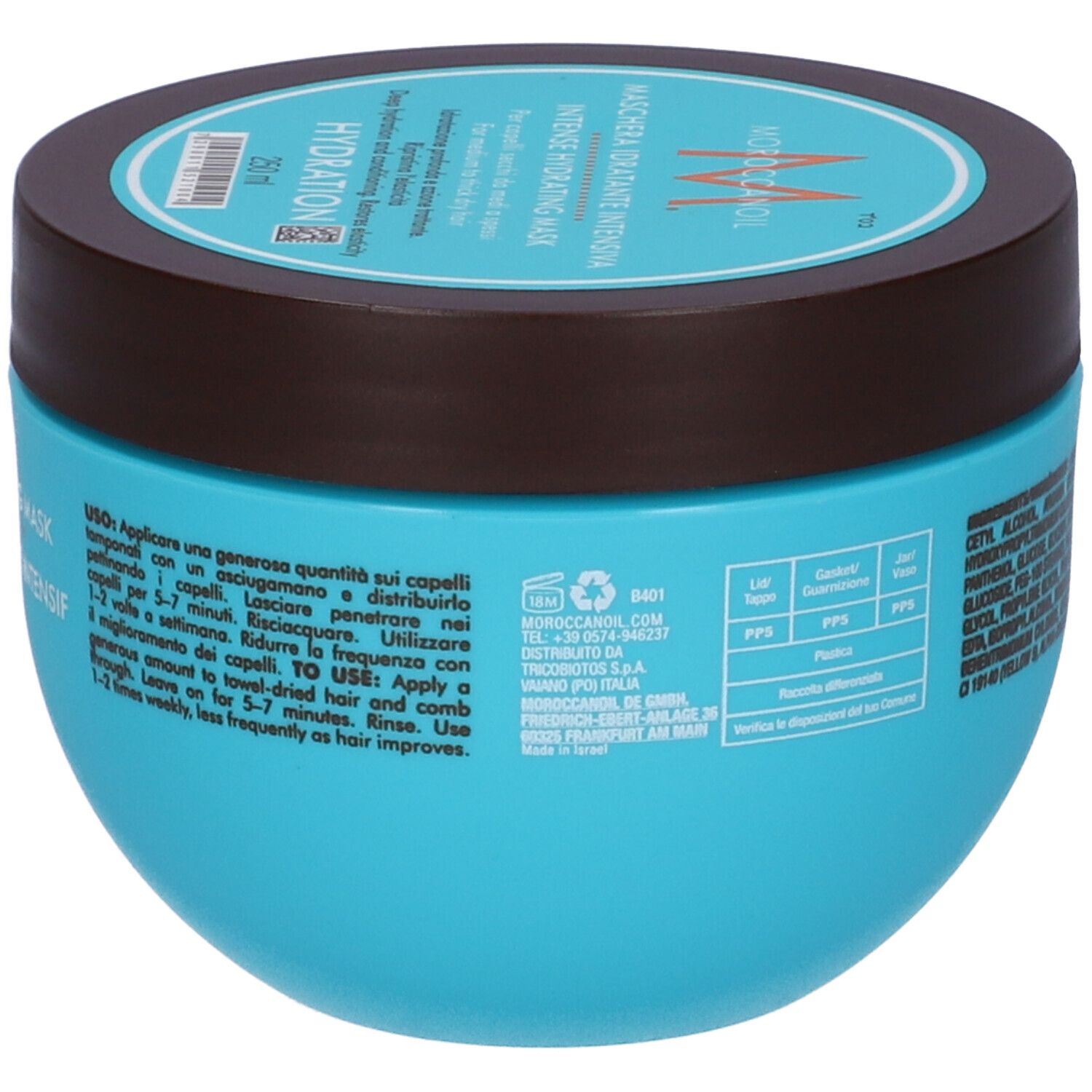 Dos du pot turquoise. Texte en italien. Contient des instructions d'utilisation et des coordonnées.