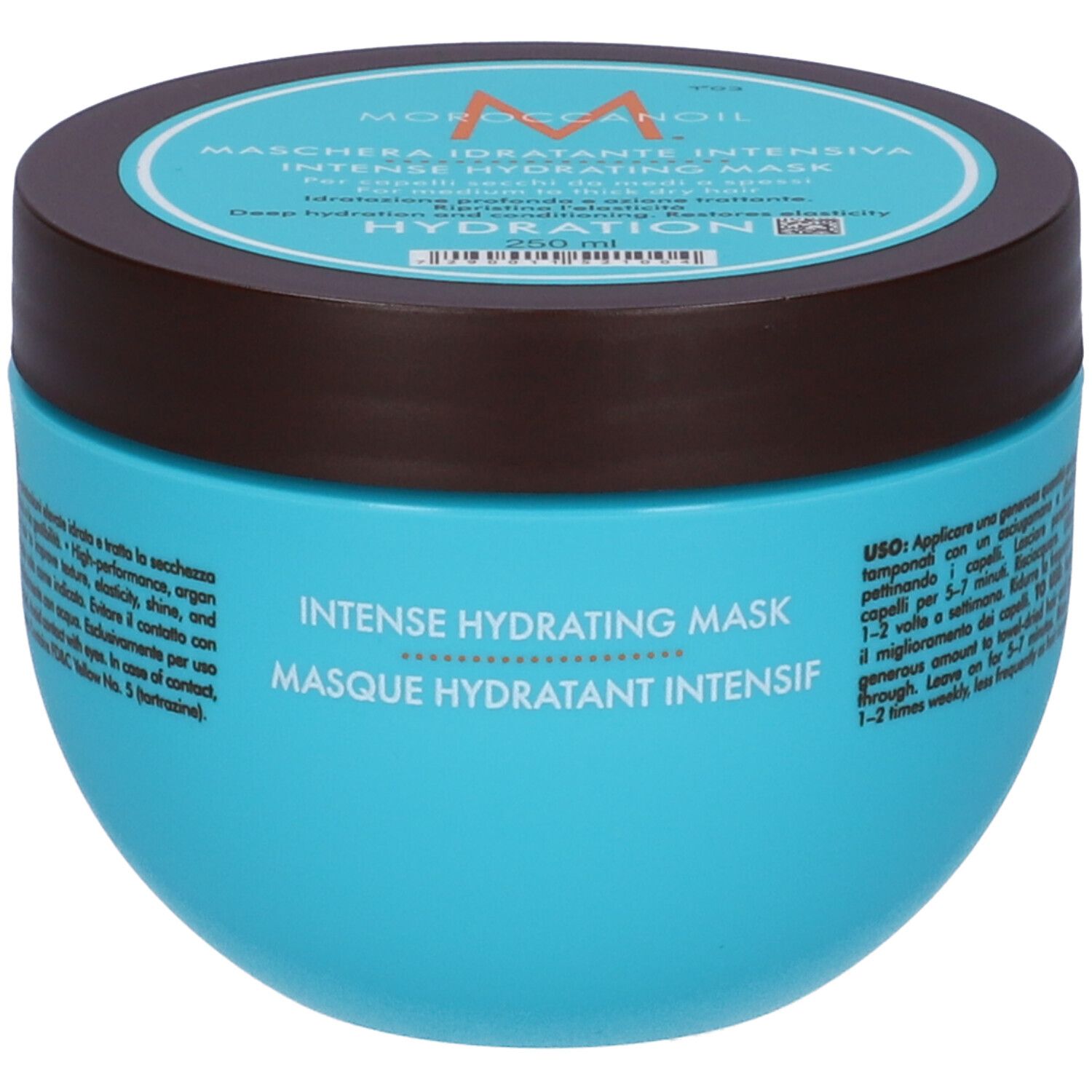 Pot rond turquoise et couvercle marron. Inscription : Moroccanoil, Maschera Idratante Intensiva, Intense Hydrating Mask.