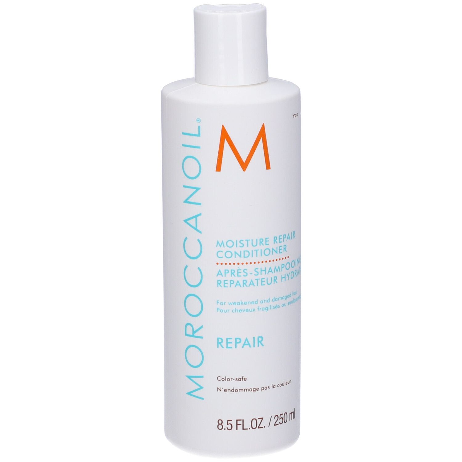 Witte fles met Moroccanoil logo, 'Moisture Repair Conditioner' en 250ml aanduiding.