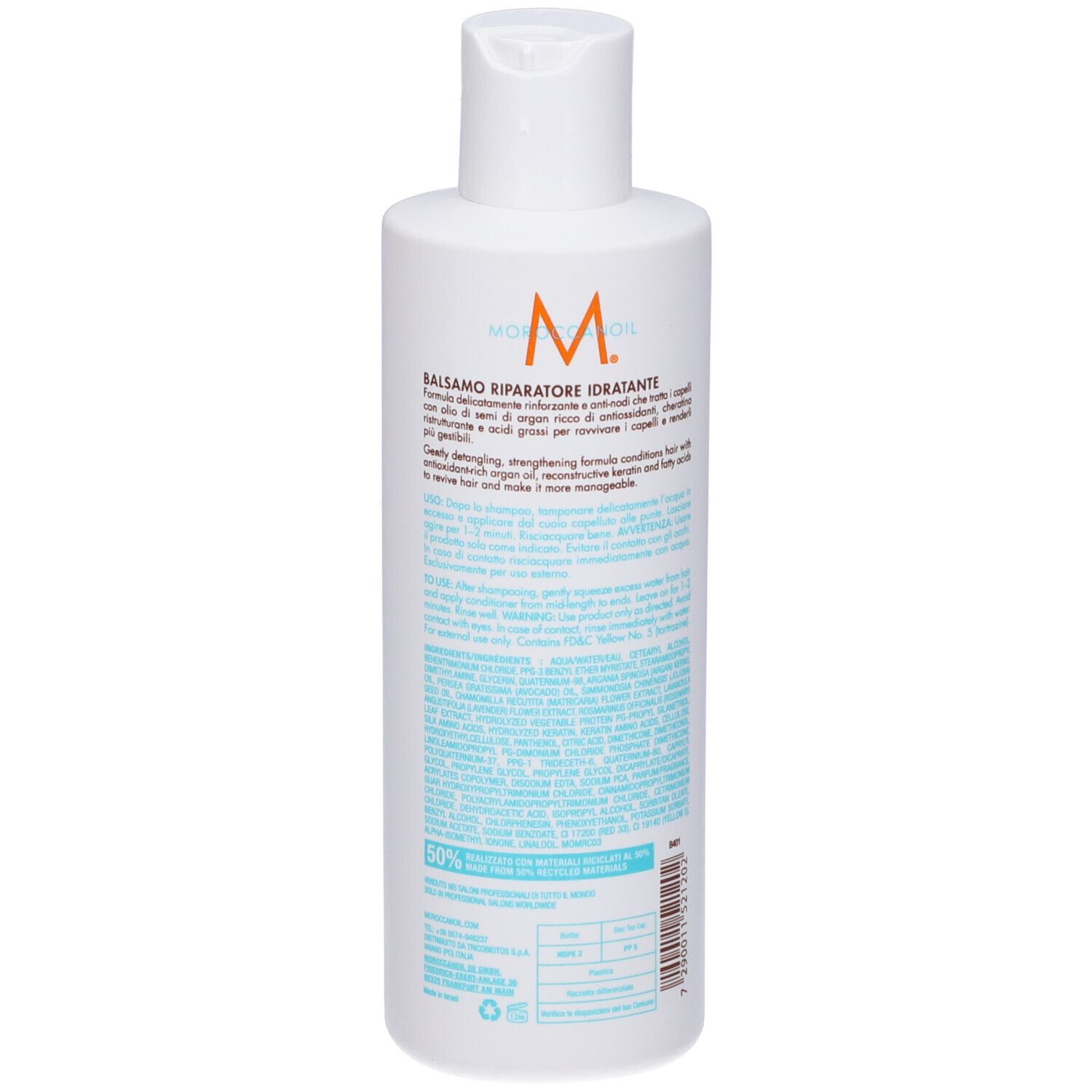 Achterkant van een witte fles met Moroccanoil logo en gedetailleerde productinformatie.