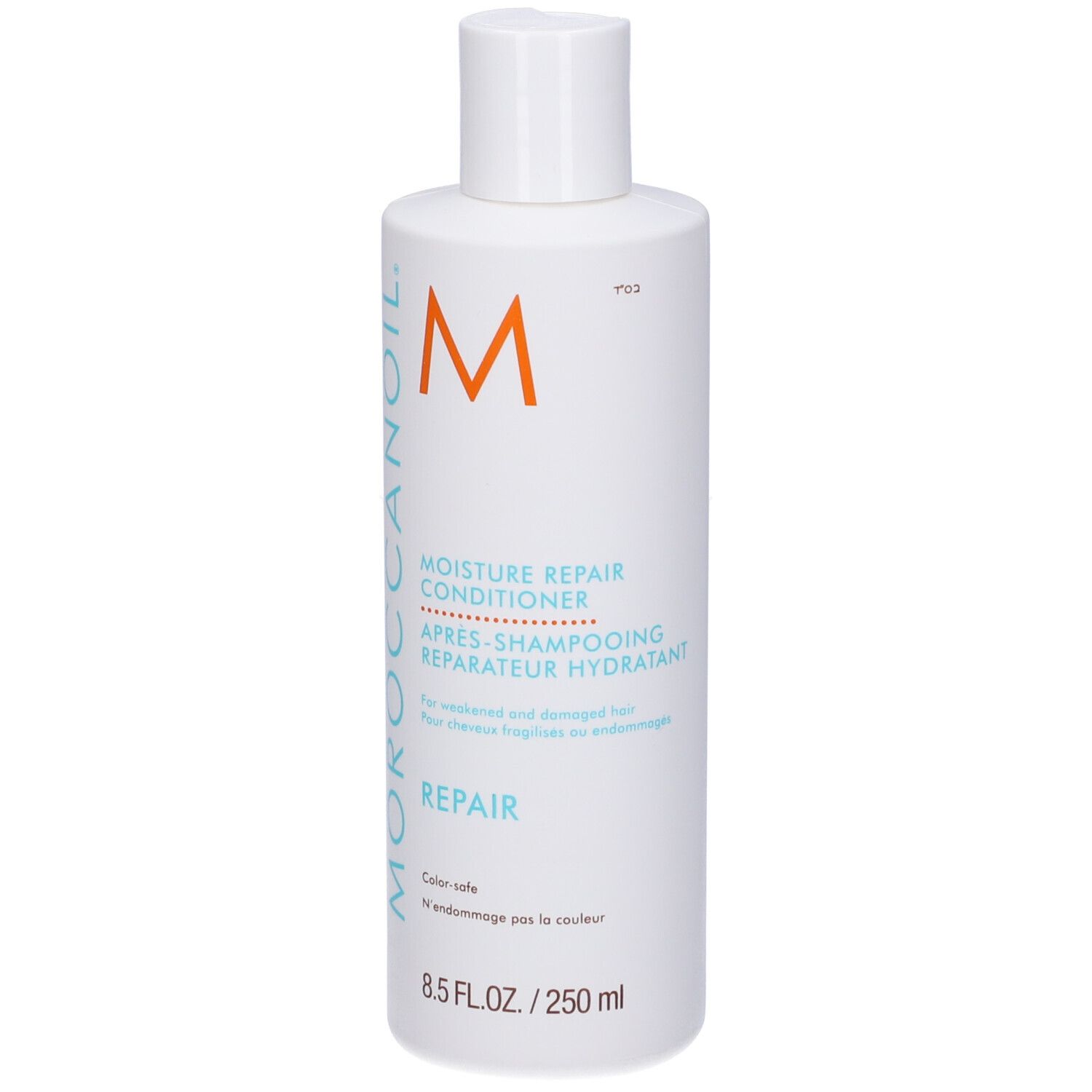 Witte fles met Moroccanoil logo, 'Moisture Repair Conditioner' en 8.5 FL.OZ. / 250ml.