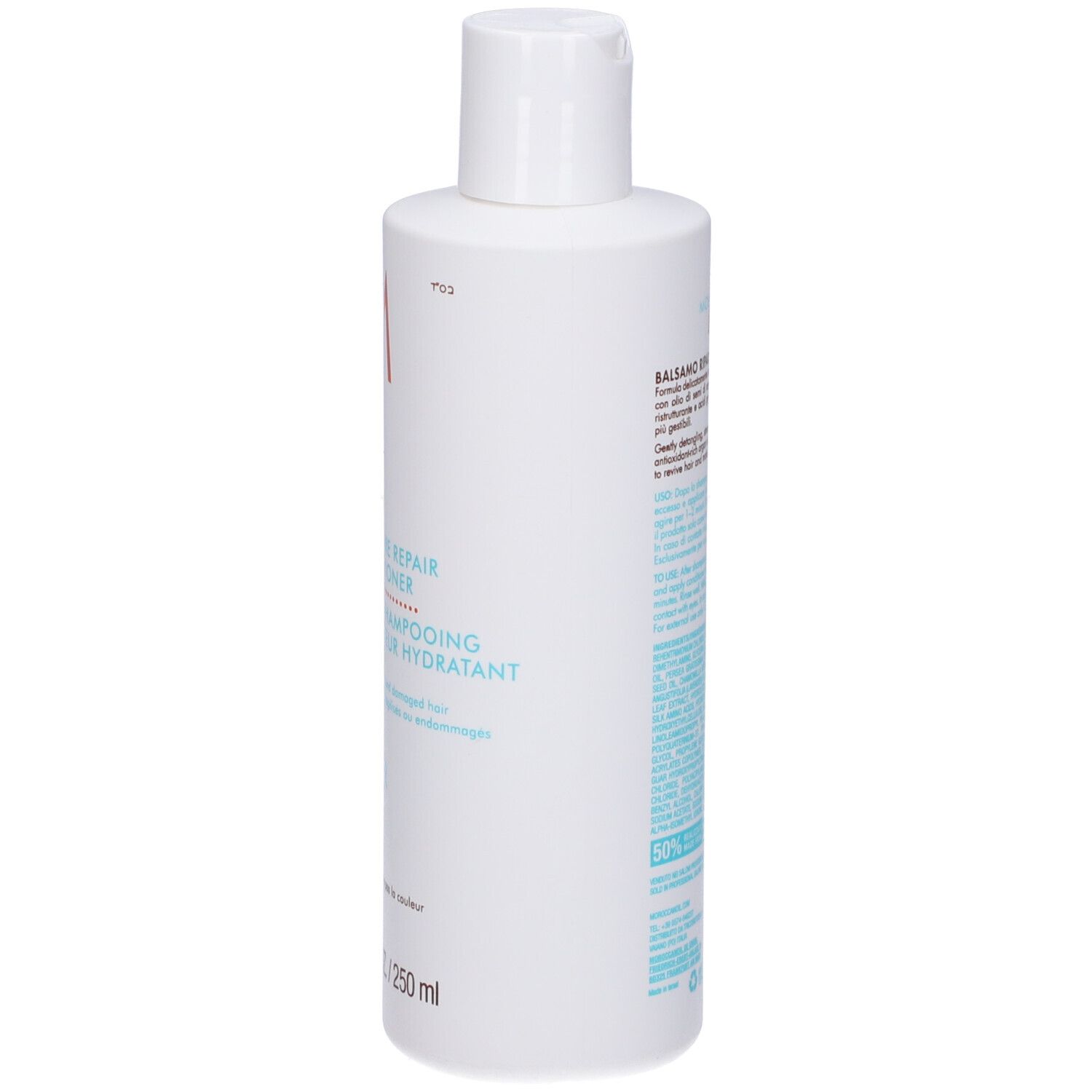 Witte fles met Moroccanoil logo, 'Moisture Repair Conditioner' en 8.5 FL.OZ. / 250ml.