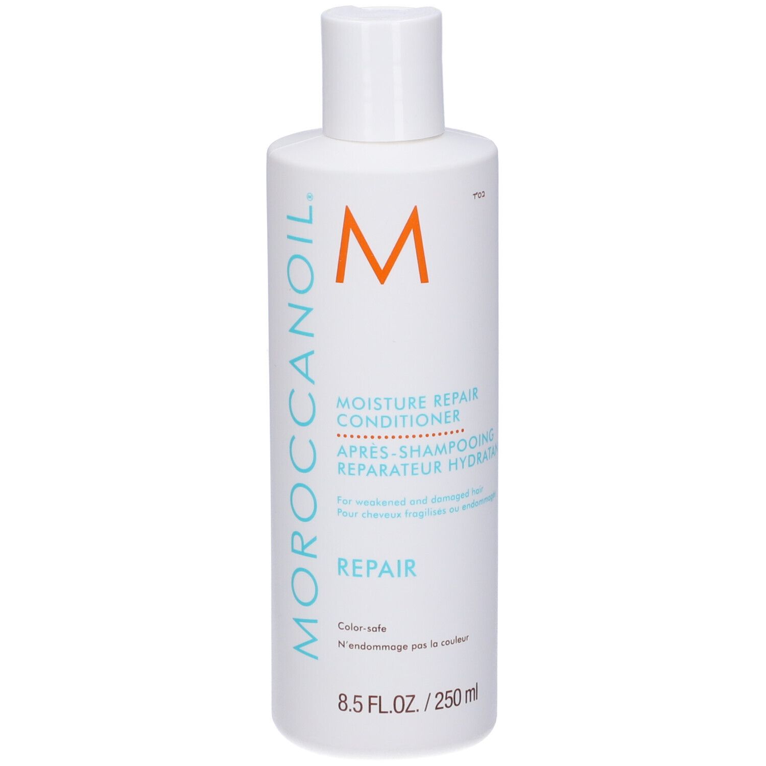 Zijaanzicht van een witte fles met Moroccanoil logo en productinformatie.