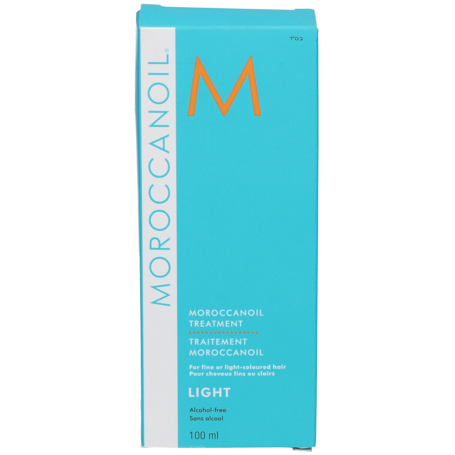 Emballage bleu turquoise avec texte blanc. MOROCCANOIL en haut à gauche. Logo M orange. LIGHT en bas.