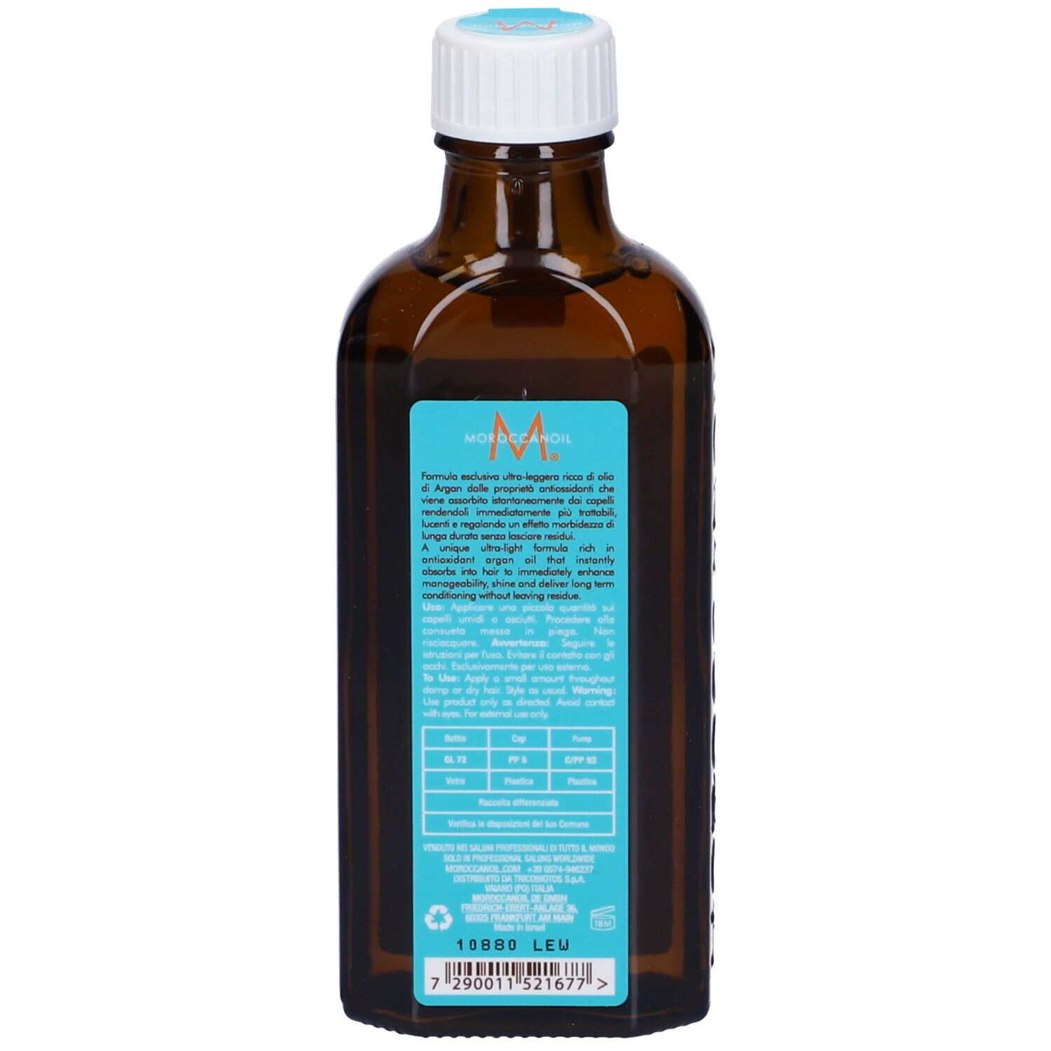 Flacon en verre brun avec bouchon blanc. Étiquette bleue avec texte. Informations produit et ingrédients au dos.