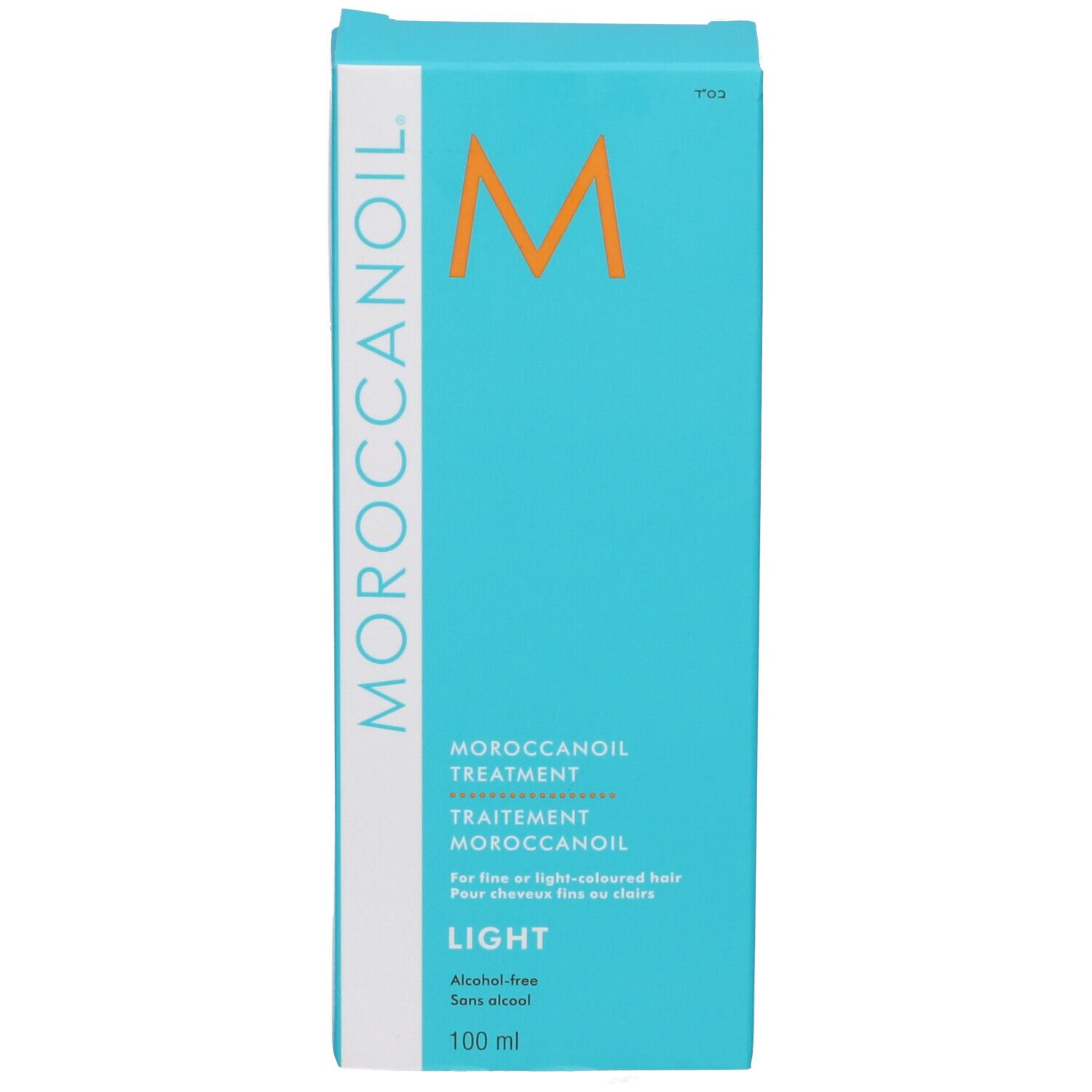 Emballage bleu turquoise avec texte blanc. MOROCCANOIL en haut à gauche. Logo M orange. LIGHT en bas.