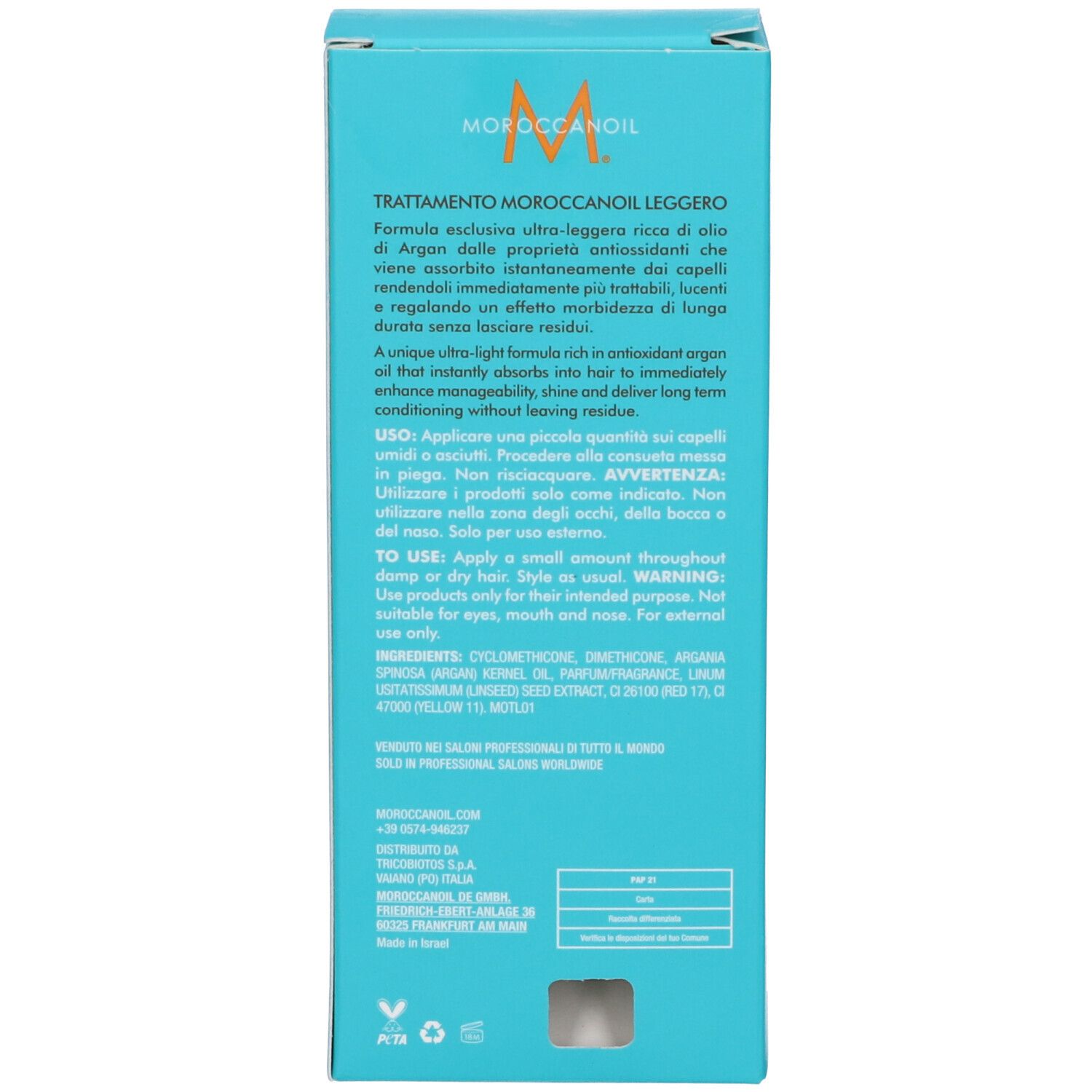 Dos du flacon. Étiquette bleue avec texte. Informations produit, ingrédients et coordonnées du fabricant.