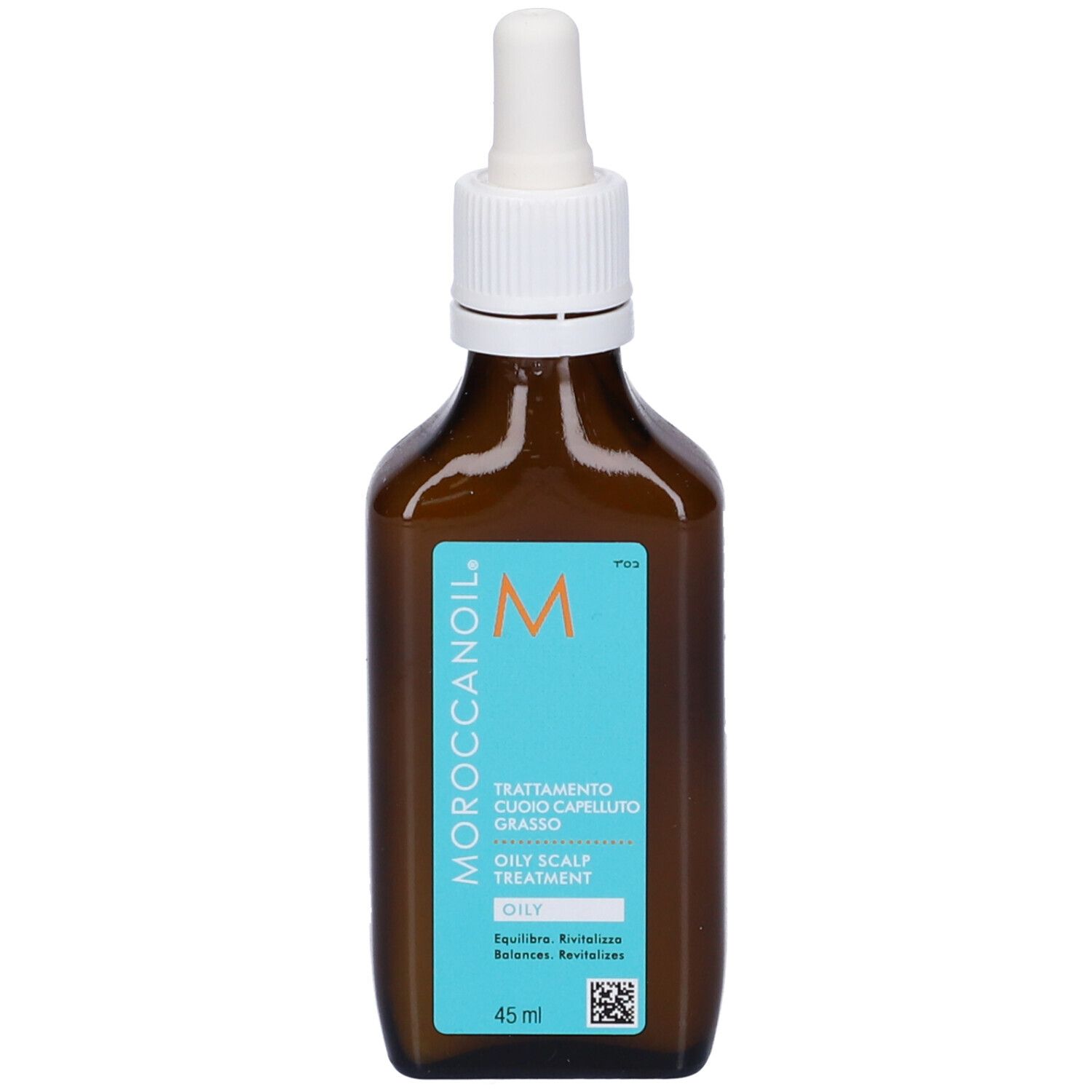 Flacon en verre brun avec compte-gouttes. Contient 45 ml de "Oily Scalp Treatment".