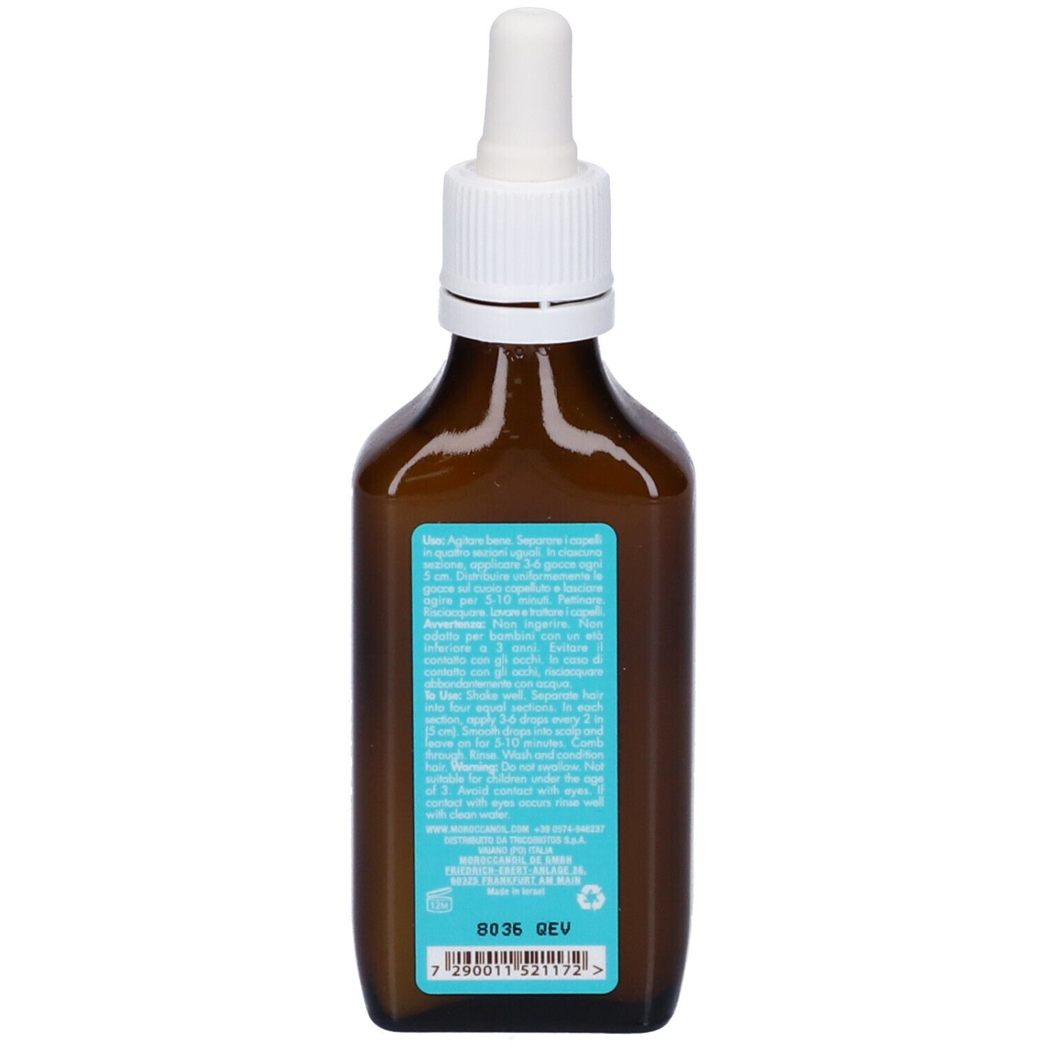 Flacon en verre brun avec bouchon compte-gouttes blanc et étiquette texte turquoise.