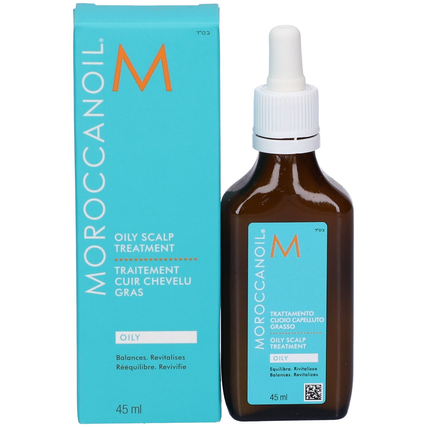Moroccanoil Oily Scalp Treatment bouteille et boîte, 45 ml.