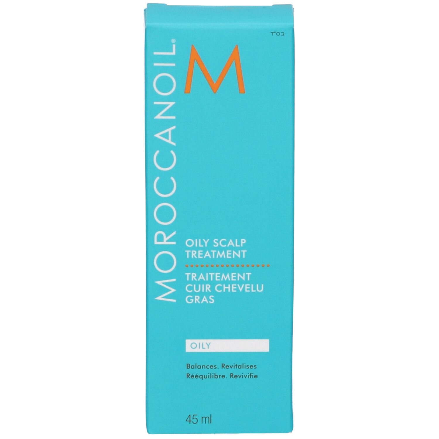 Boîte Moroccanoil Oily Scalp Treatment, 45 ml. Emballage bleu clair avec logo M orange.