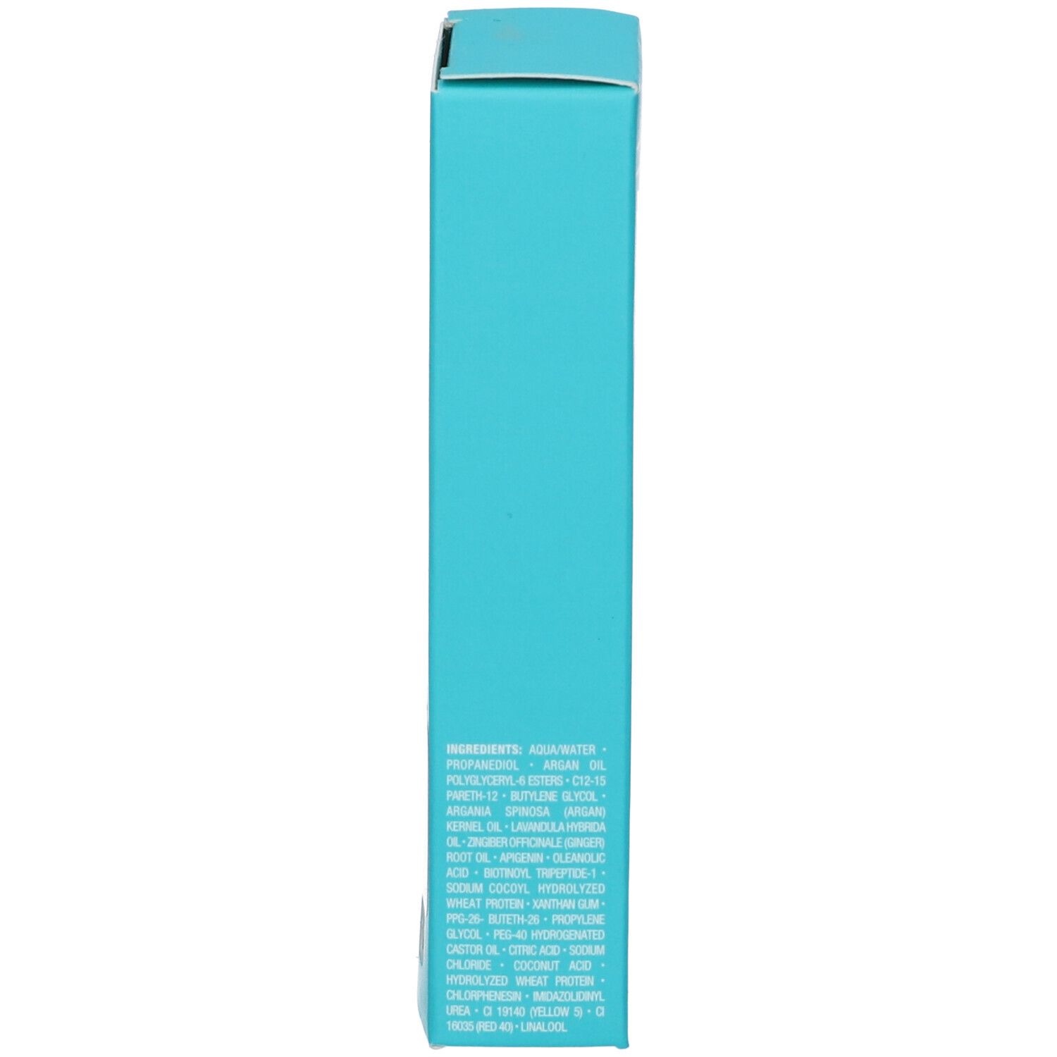 Emballage produit bleu sarcelle avec liste d'ingrédients visible.