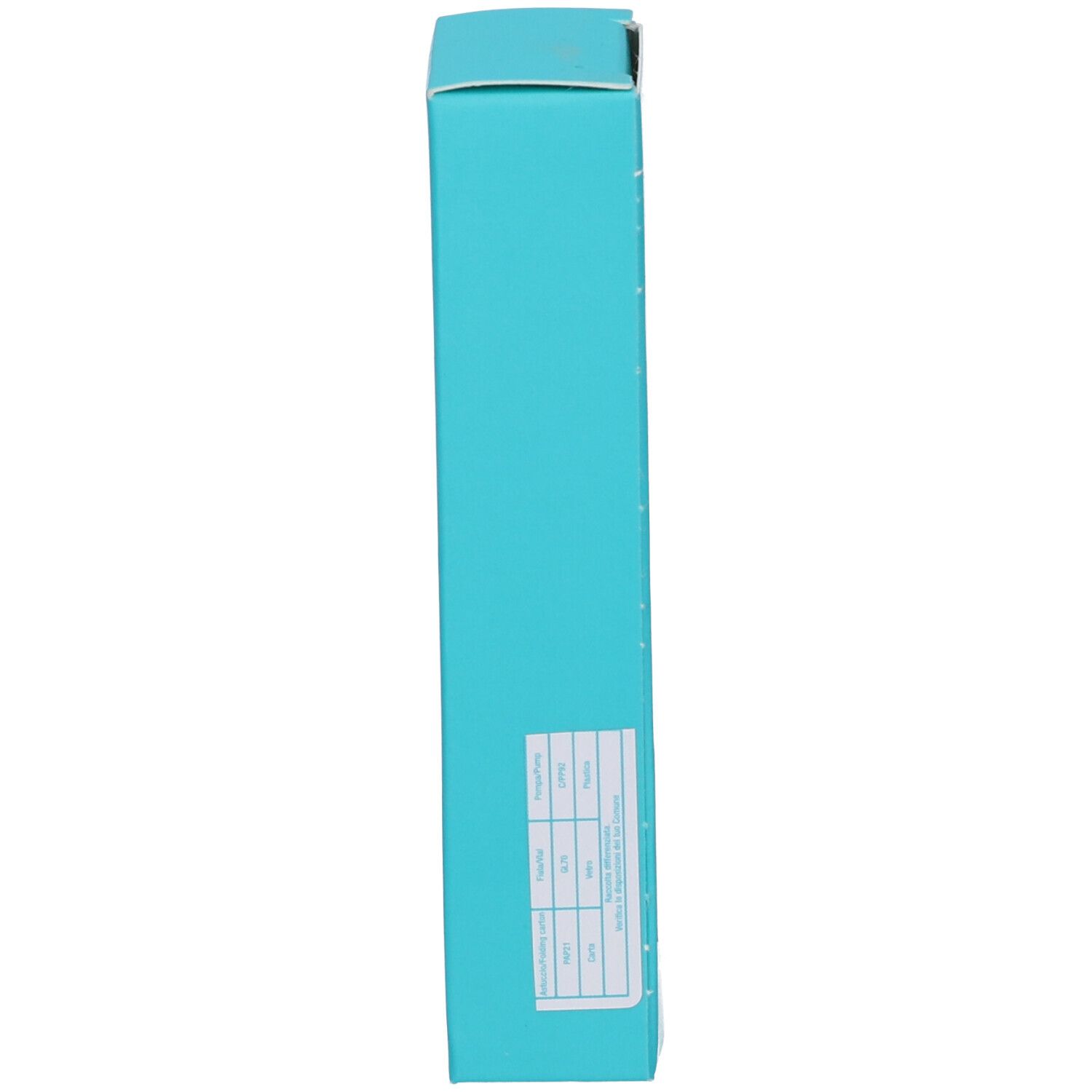 Emballage turquoise avec une étiquette blanche contenant un tableau de texte.