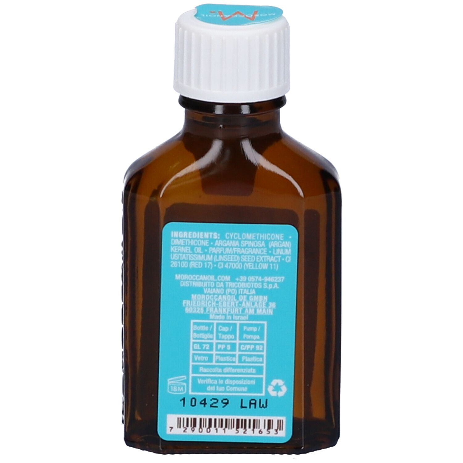 Flacon en verre brun avec bouchon à vis blanc. Étiquette avec ingrédients et informations produit.