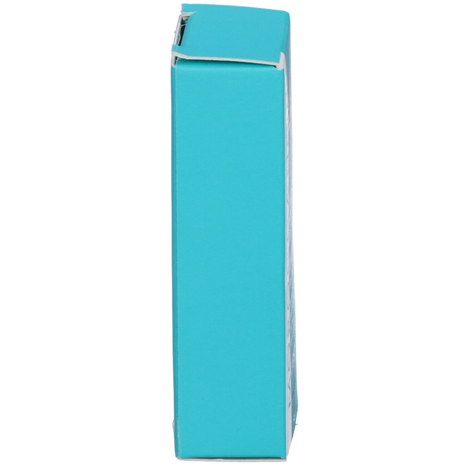 Emballage rectangulaire turquoise, vu de côté.