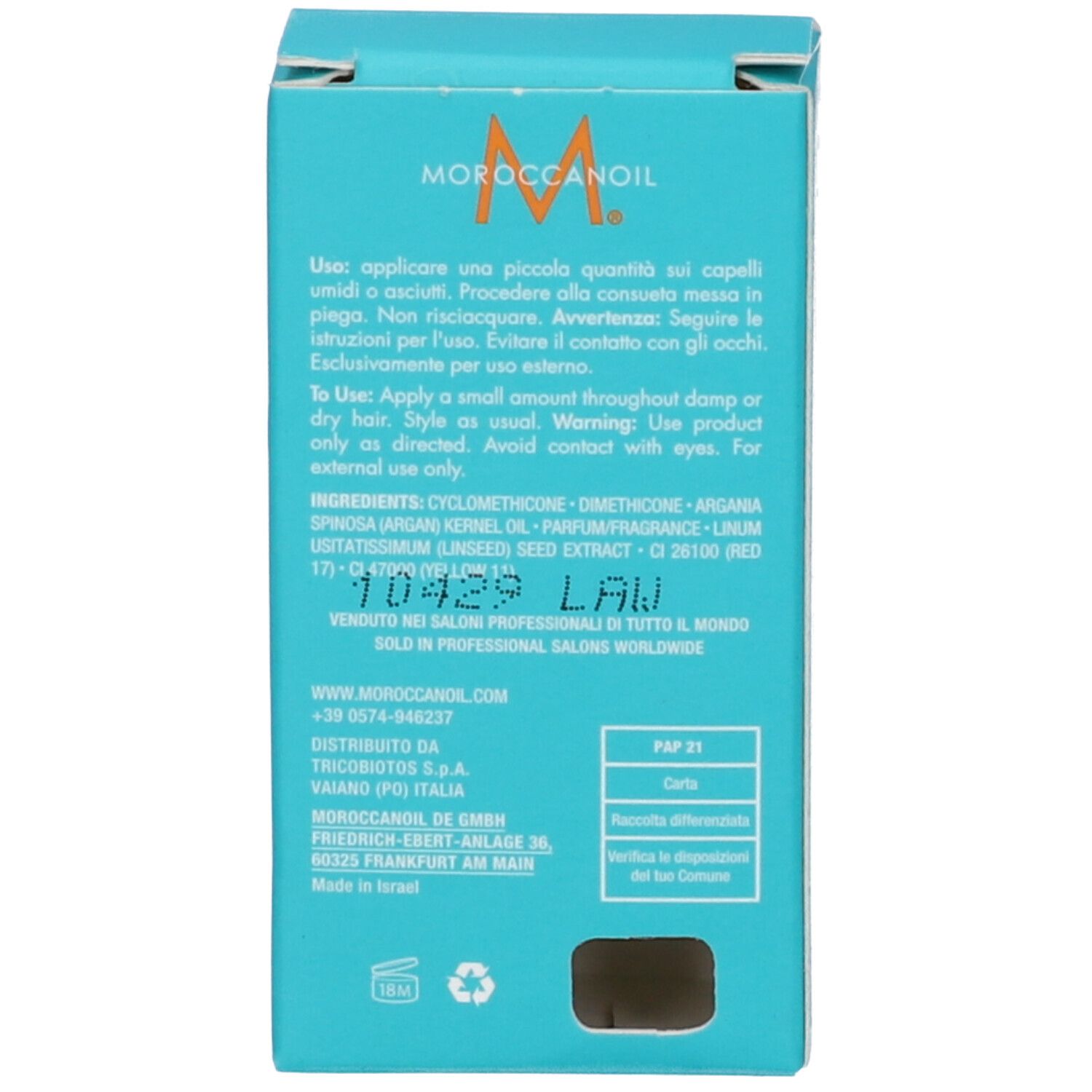 Arrière d'une boîte Moroccanoil avec instructions d'utilisation et ingrédients.