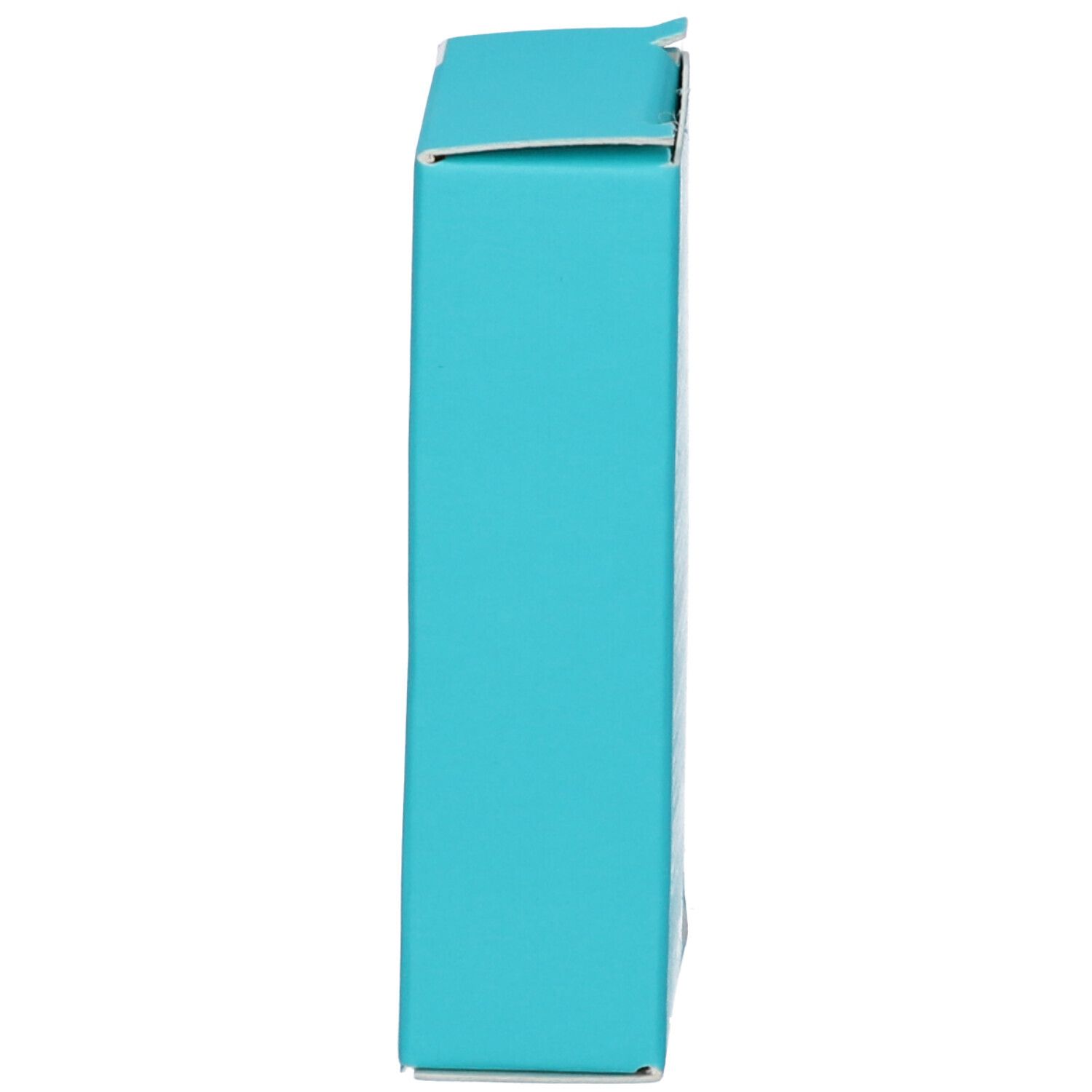 Emballage rectangulaire turquoise, vue de côté.