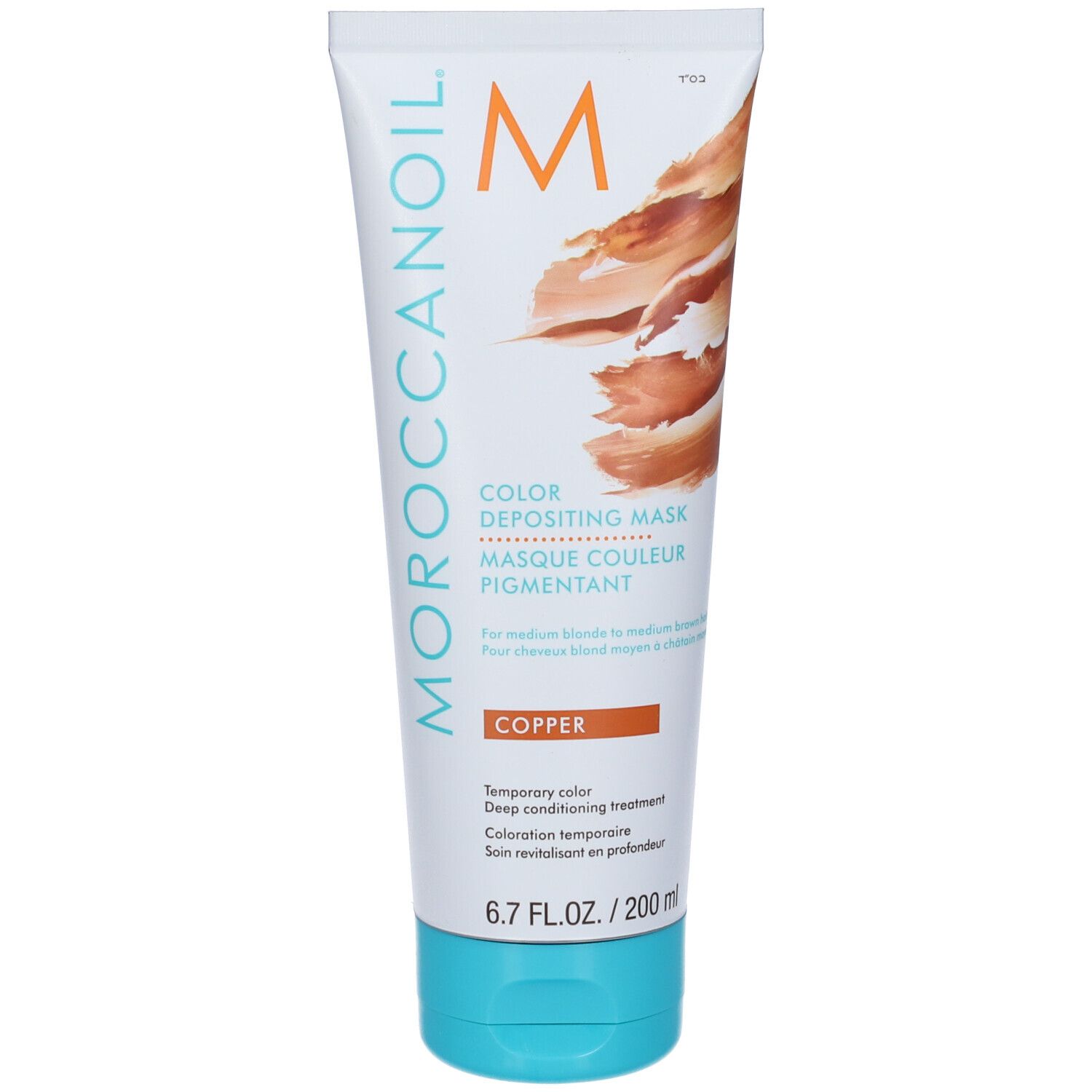 Haarmasker in tube. Turquoise en witte verpakking. Opschrift: Moroccanoil, Color Depositing Mask, Copper. 6.7 FL.OZ./200ml.