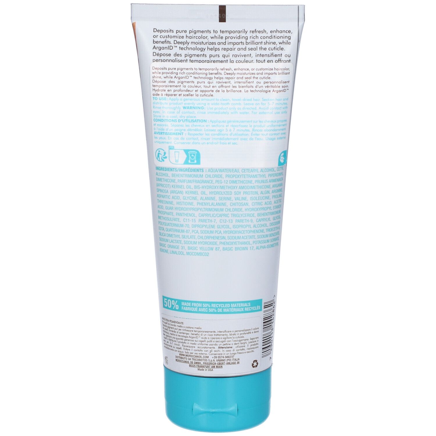 Achterkant van de haarmasker tube. Turquoise en witte verpakking. Tekst met ingrediënten en informatie. 50% gerecycled materiaal.