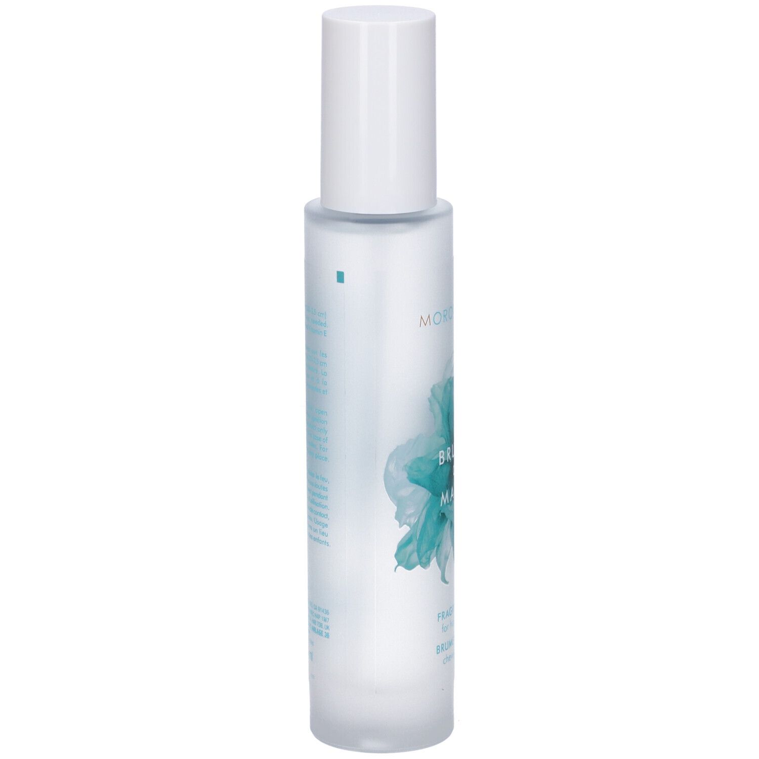 Bouteille avec distributeur à pompe blanc, remplie de liquide clair. Décorée d'un motif de fleur bleue et de texte.